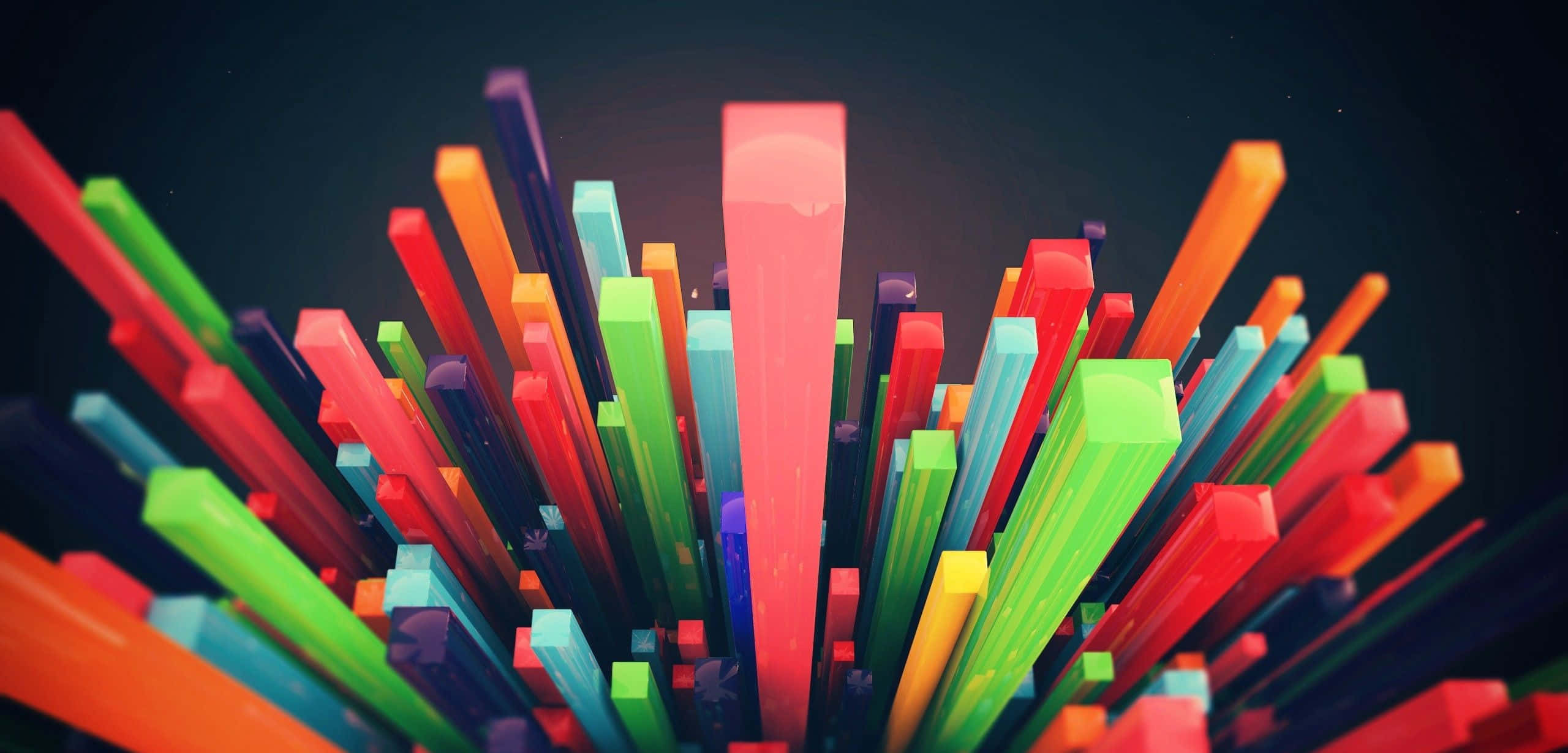Shapes 桌布 壁紙 — 鮮豔多彩的3D條狀物從黑暗背景中向上爆發，形成動態的數位爆炸效果。