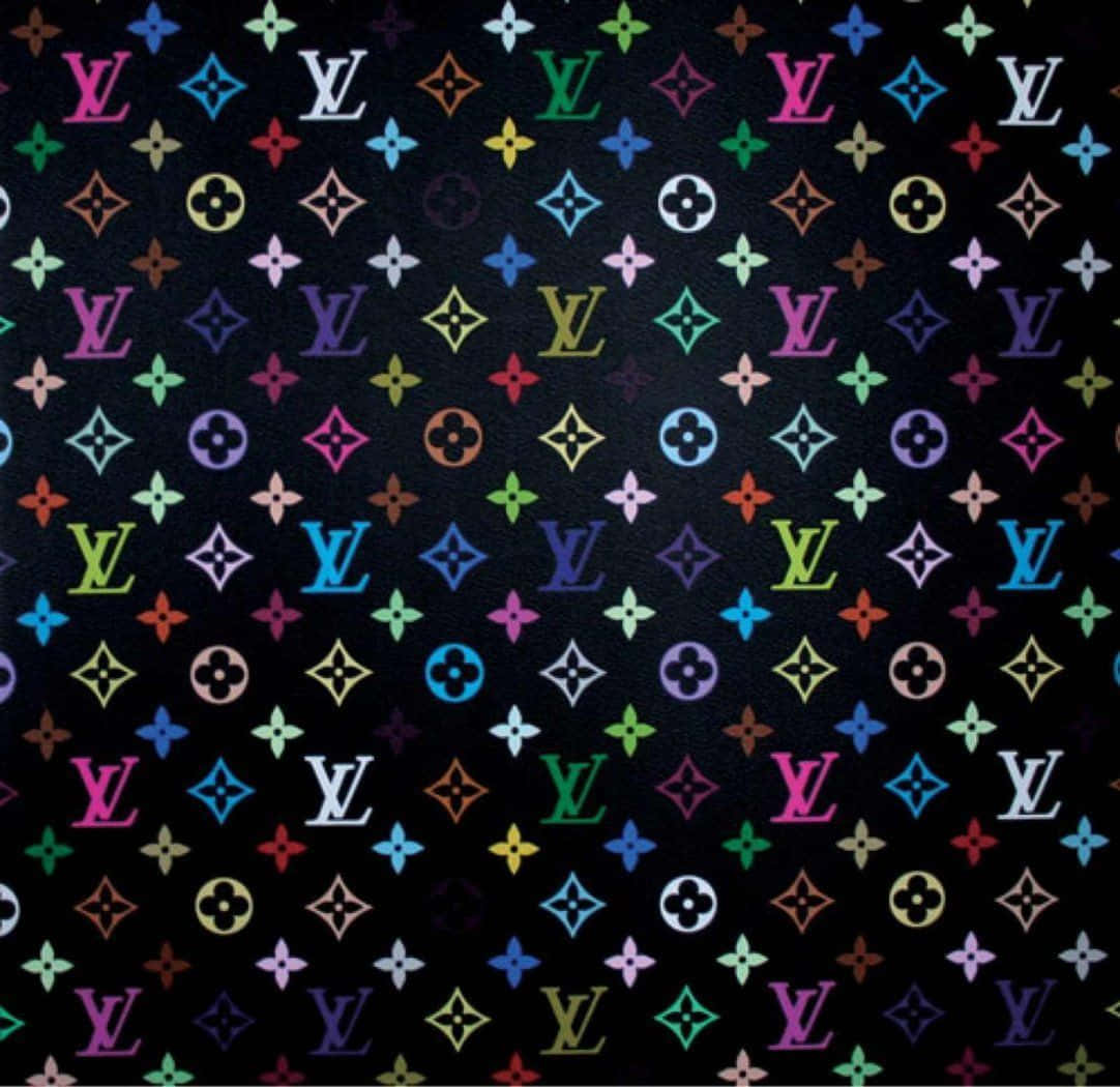 桌布 壁紙 — 鮮豔多彩的LV字母組合標誌在黑色背景上重複，形成大膽的奢華圖案。