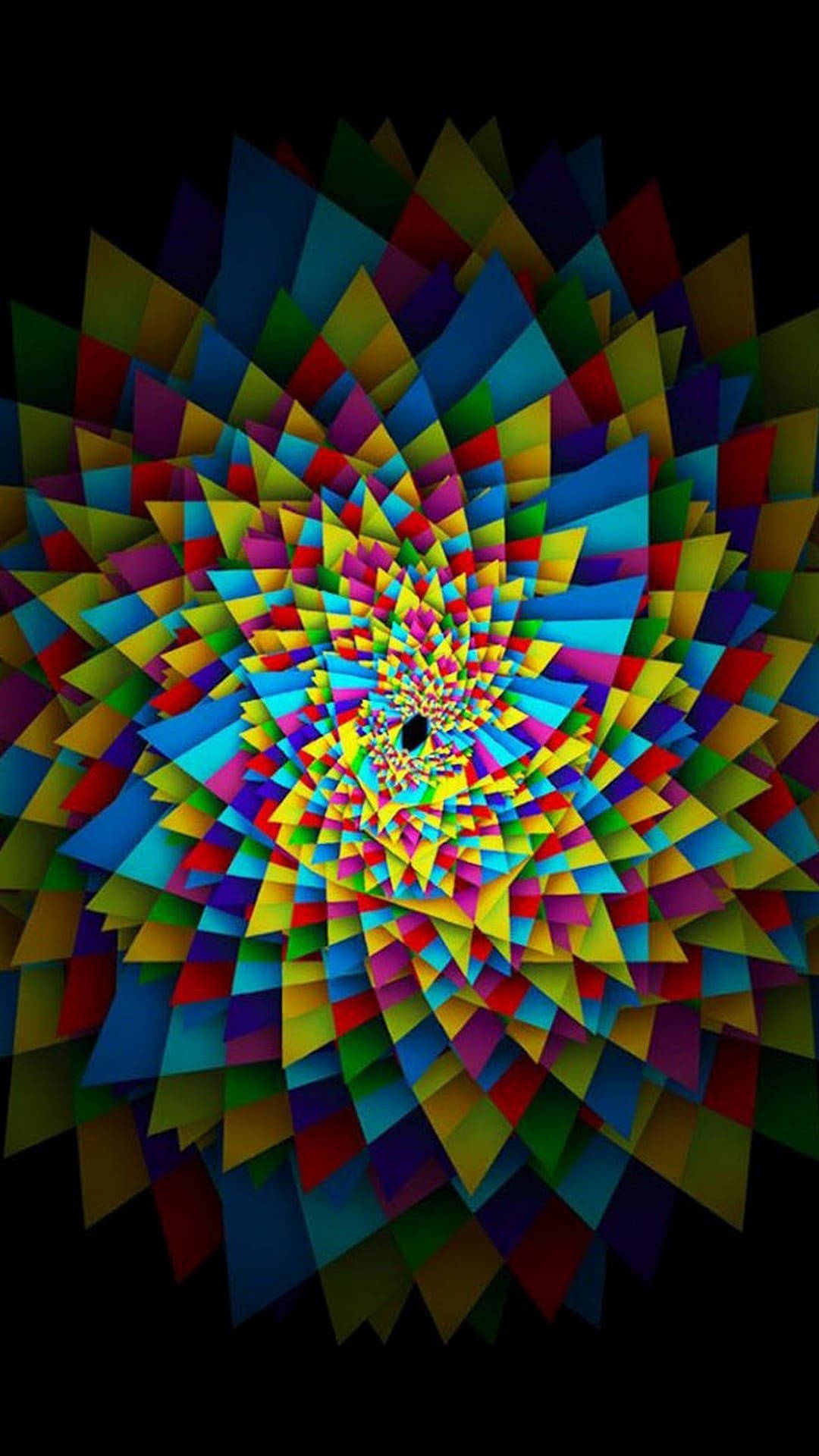 Dark Psychedelic iPhone 桌布 壁紙 — 鮮豔多彩的三角形碎片向內螺旋，在黑色背景上營造出催眠般的隧道效果。