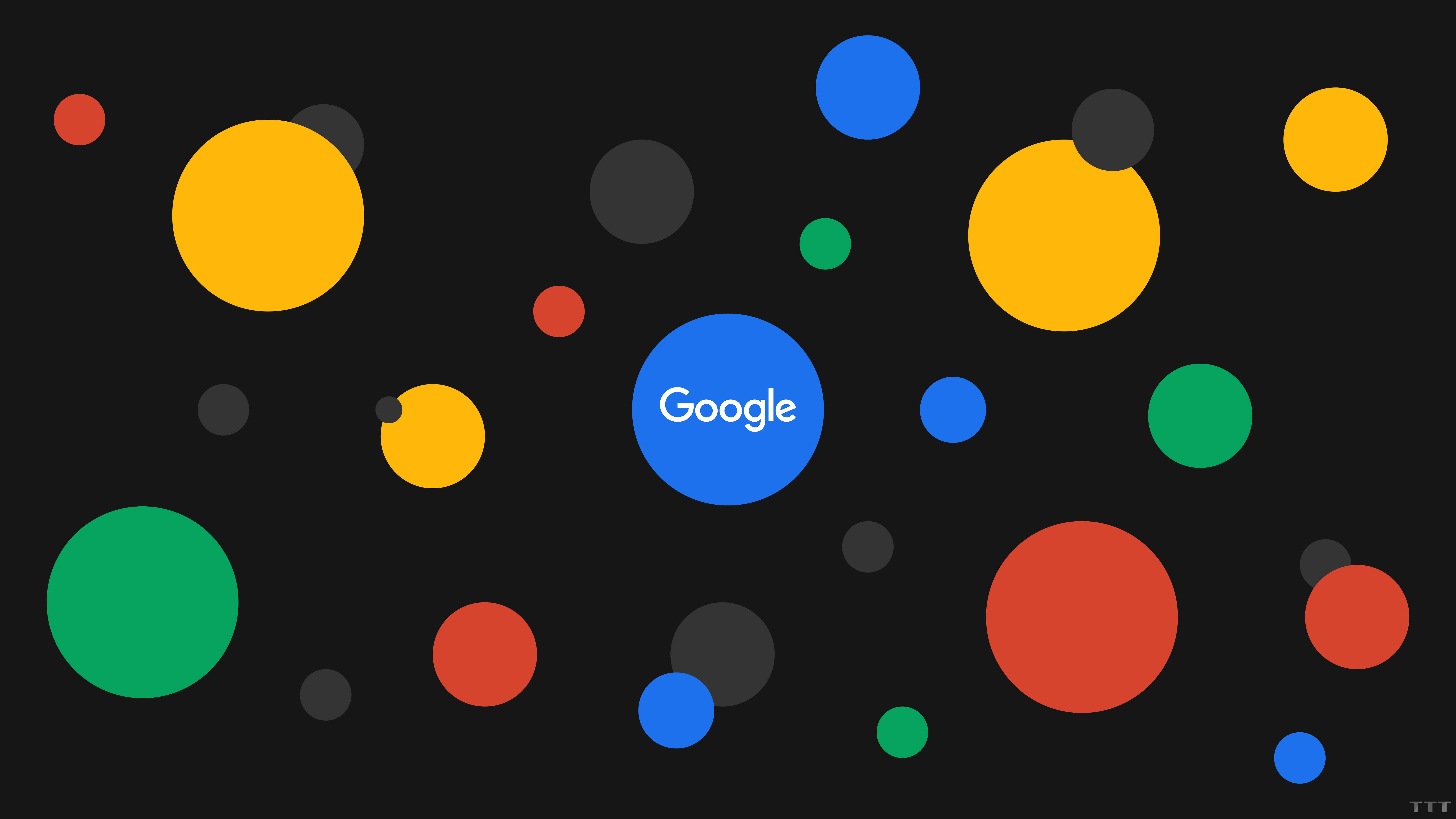 google 桌布 壁紙 — 鮮豔多彩的圓圈在深色背景上漂浮，中央的藍色圓圈顯示Google標誌。
