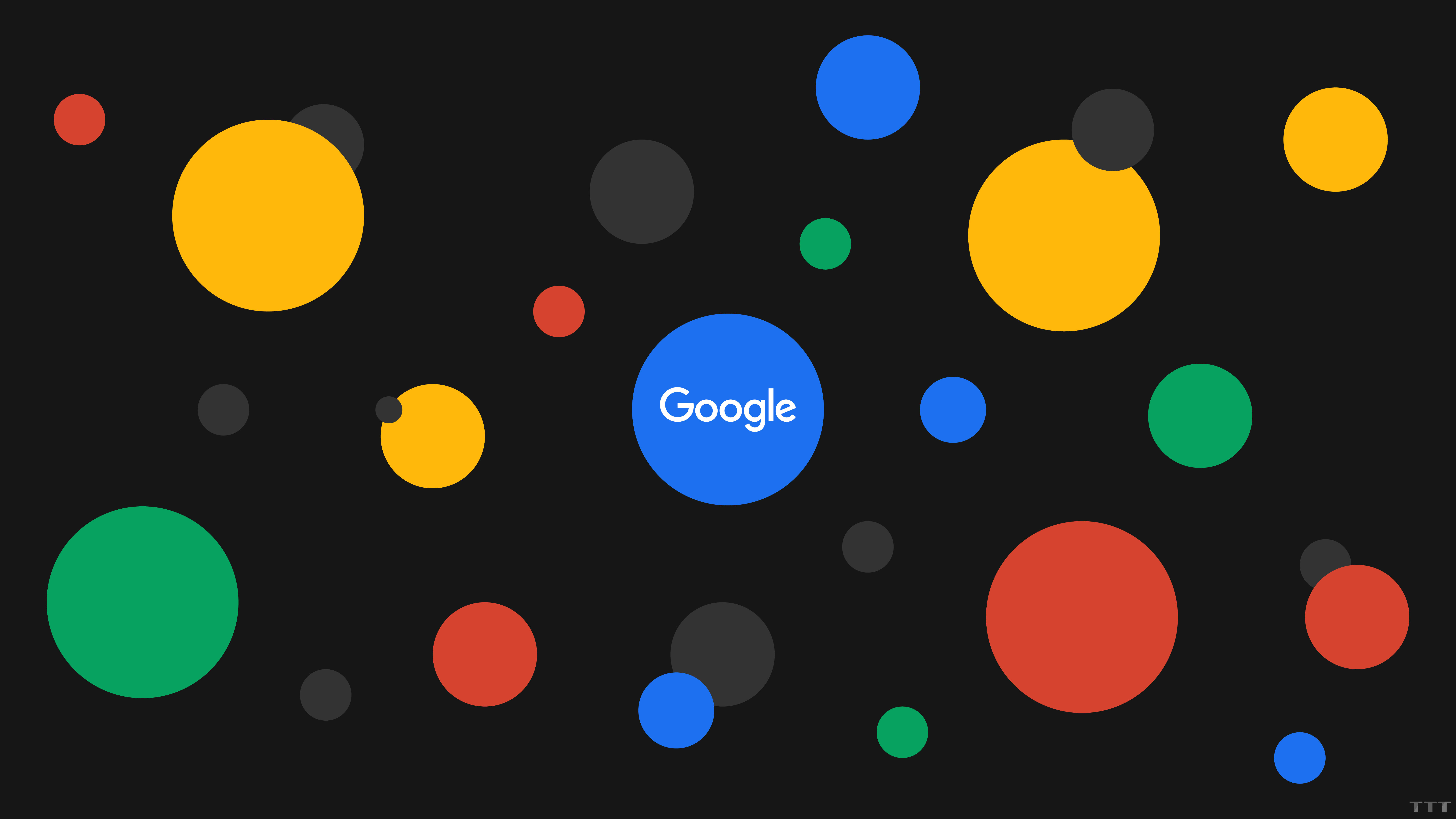 google 桌布 壁紙 — 鮮豔多彩的圓圈在深色背景上漂浮，中央的藍色圓圈顯示Google標誌。