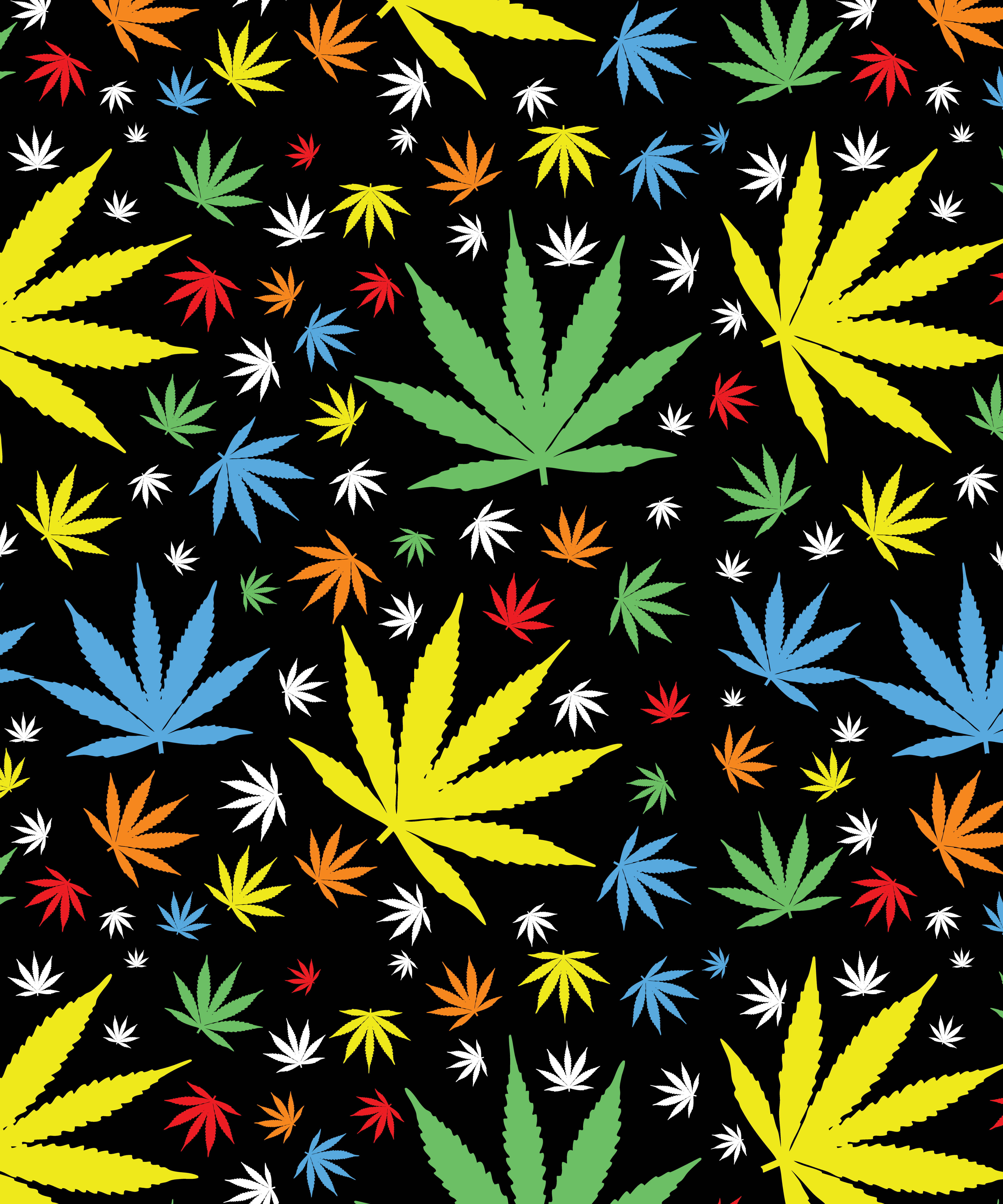 圖案 桌布 壁紙 — 鮮豔多彩的大麻葉散佈在黑色背景上，形成大膽的圖案。