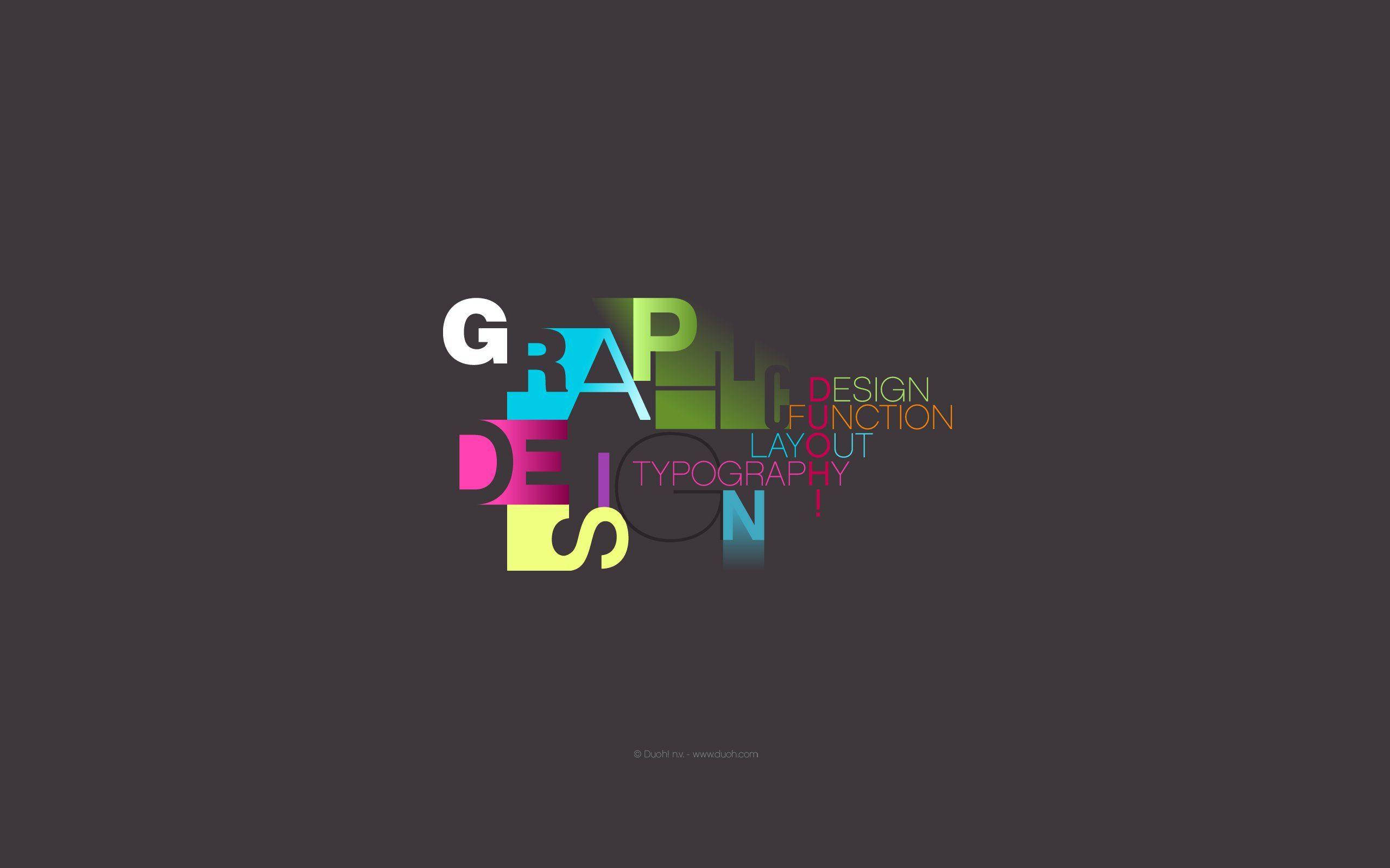 Typography 桌布 壁紙 — 鮮豔多彩的字體拼出「GRAPHIC DESIGN」，並將字體設計和版面編排等相關術語動態地排列在深灰色背景上。