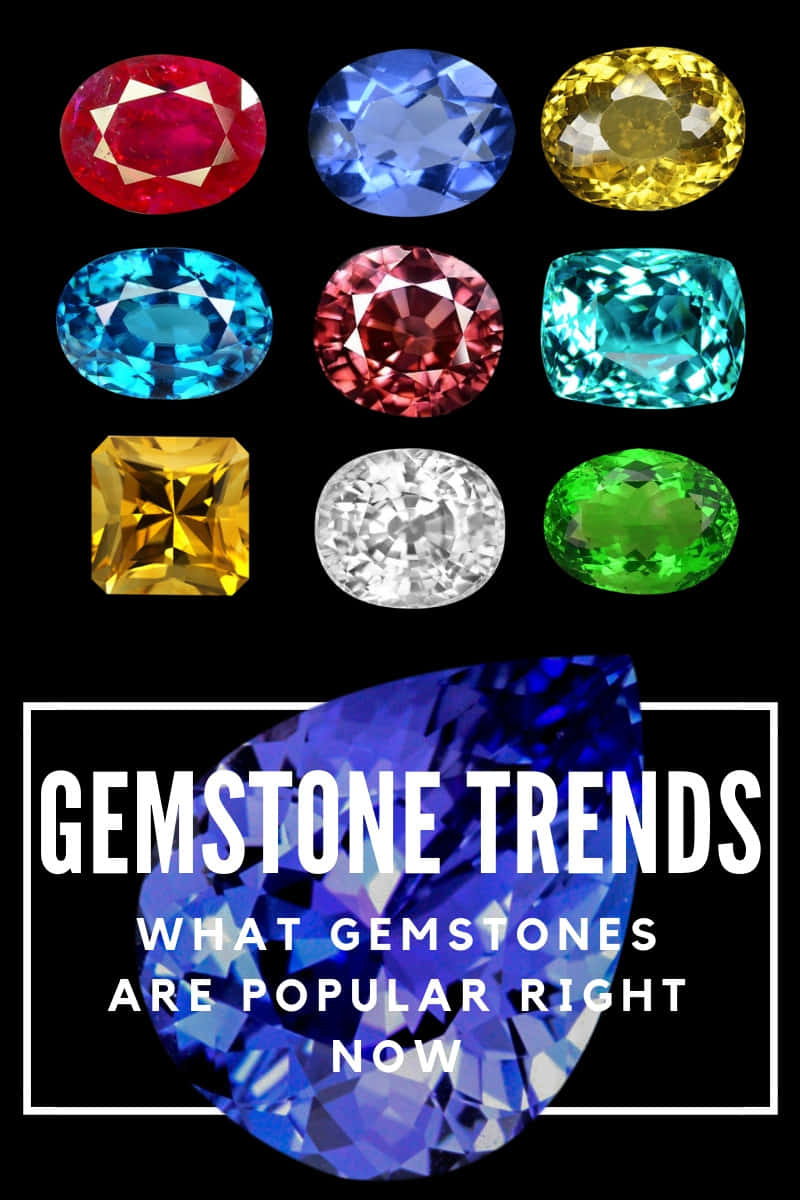 Gem Stone 桌布 壁紙 — 鮮豔多彩的寶石排列在黑色背景上，並帶有粗體文字疊加。