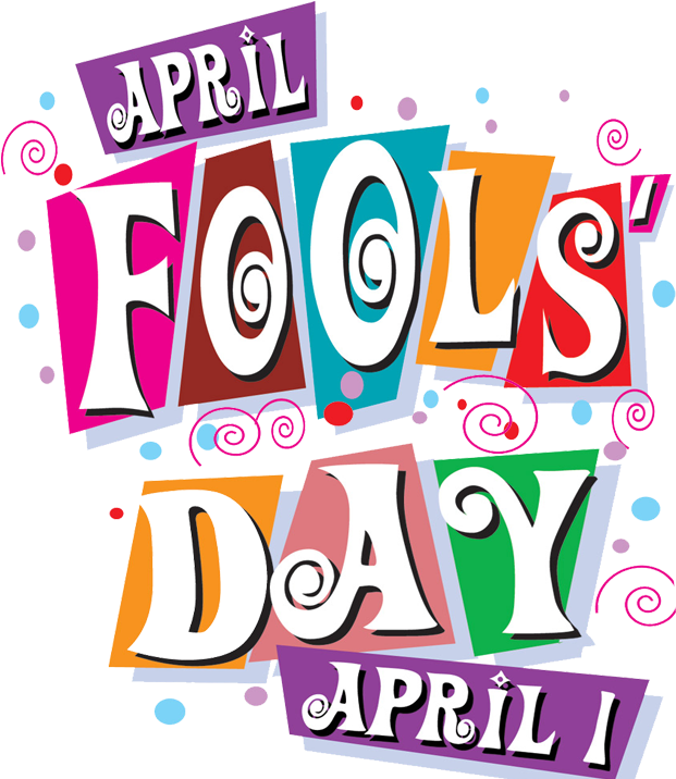 April 桌布 壁紙 — 鮮豔多彩的文字拼出 April Fools Day，帶有旋轉裝飾和散落的圓點，背景為黑色。