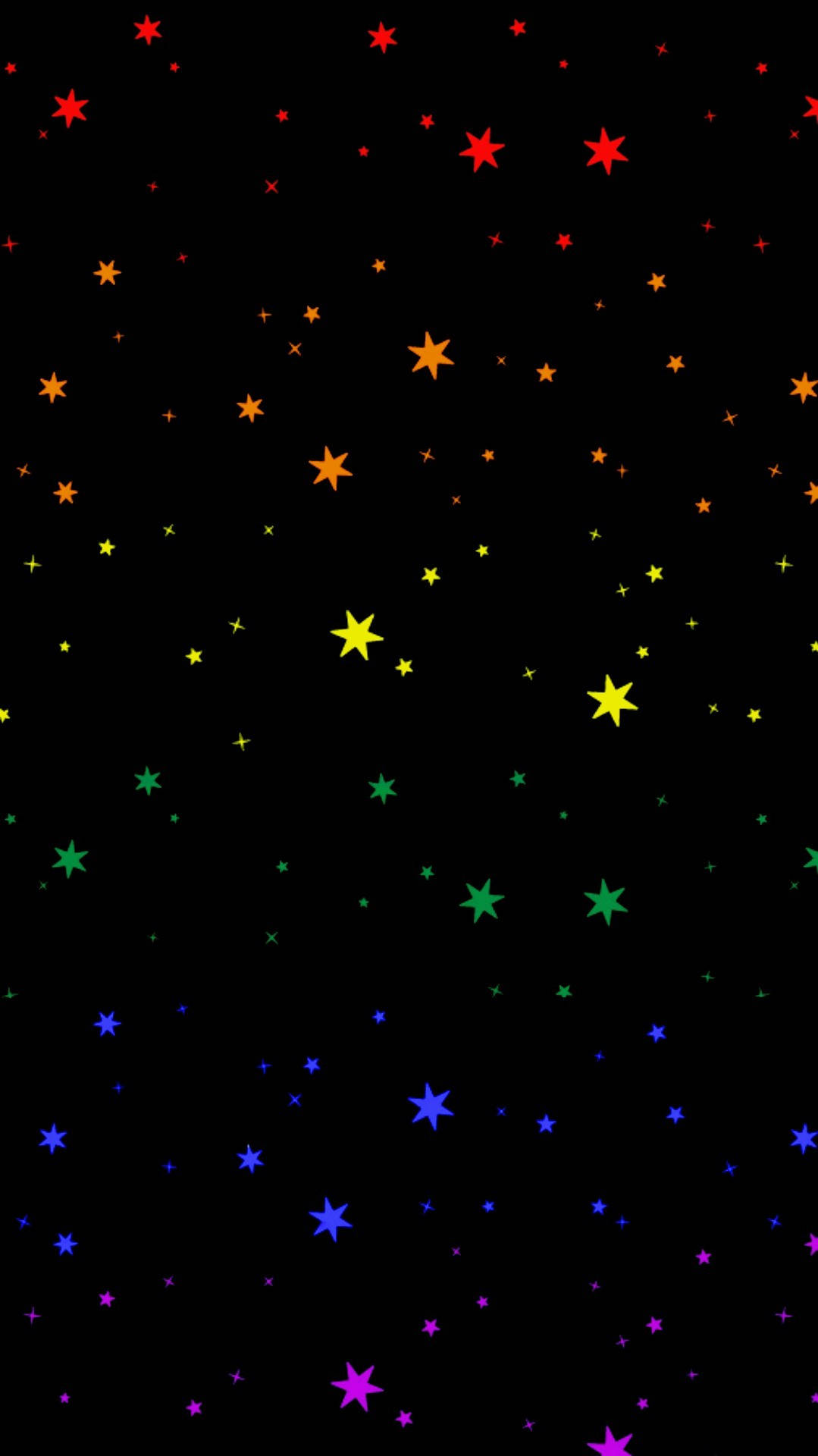 Lgbt 桌布 壁紙 — 鮮豔多彩的星星，有紅色、橙色、黃色、綠色、藍色和紫色，散落在黑色背景上。