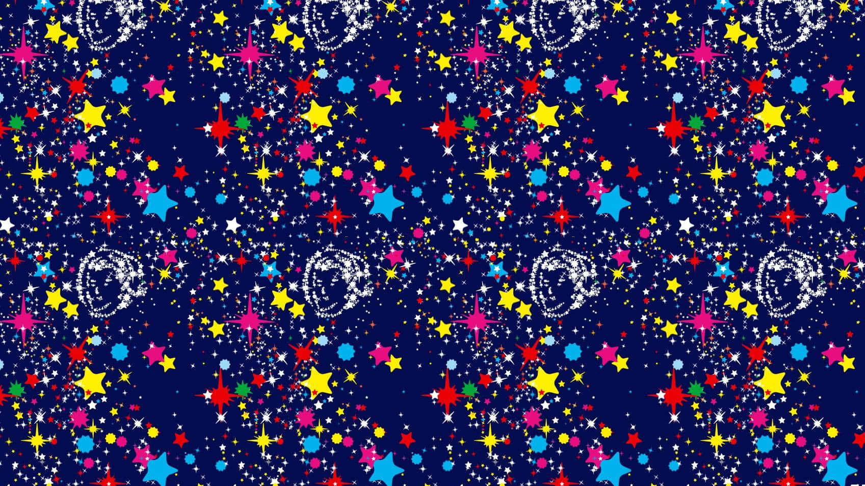 桌布 壁紙 — 鮮豔多彩的星星和宇宙漩渦在深藍色夜空中閃爍，形成節日數位圖案。
