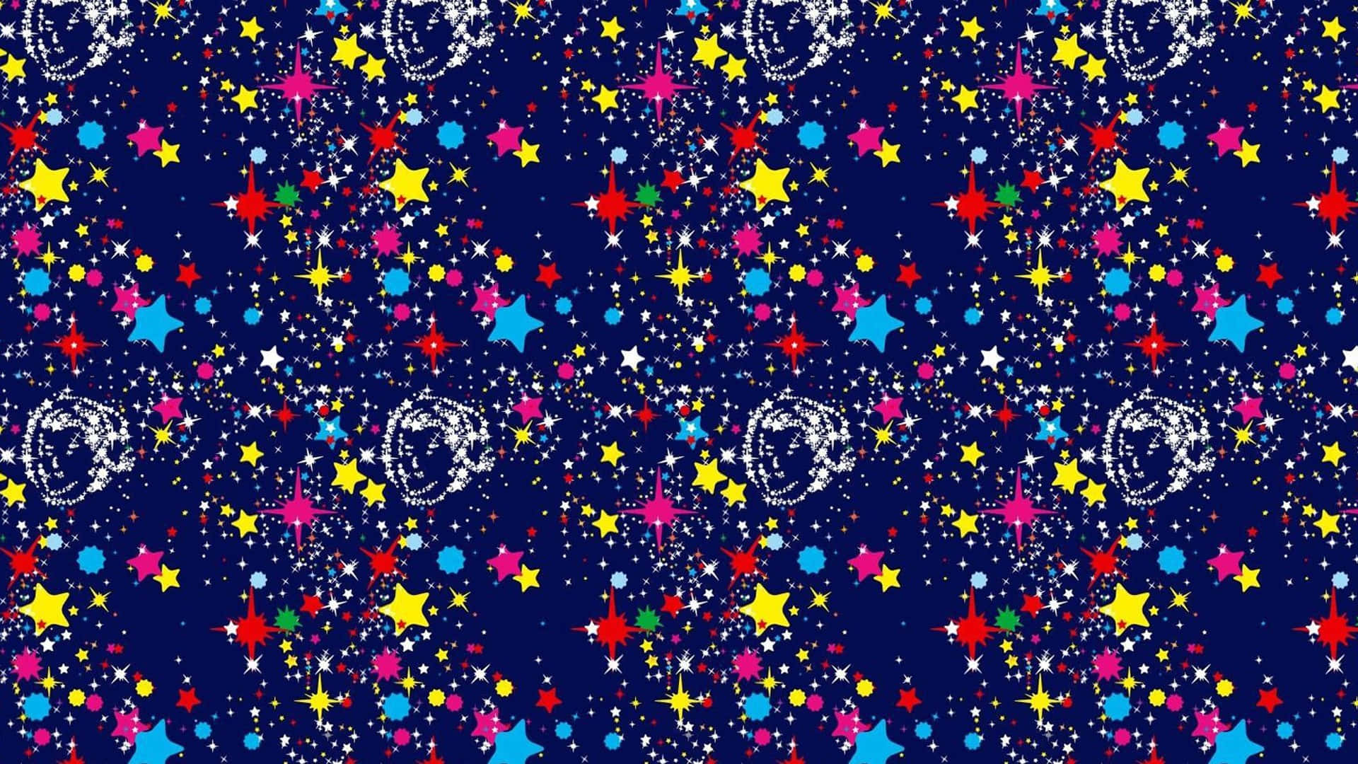 桌布 壁紙 — 鮮豔多彩的星星和發光球體散落在深藍色的宇宙背景上。