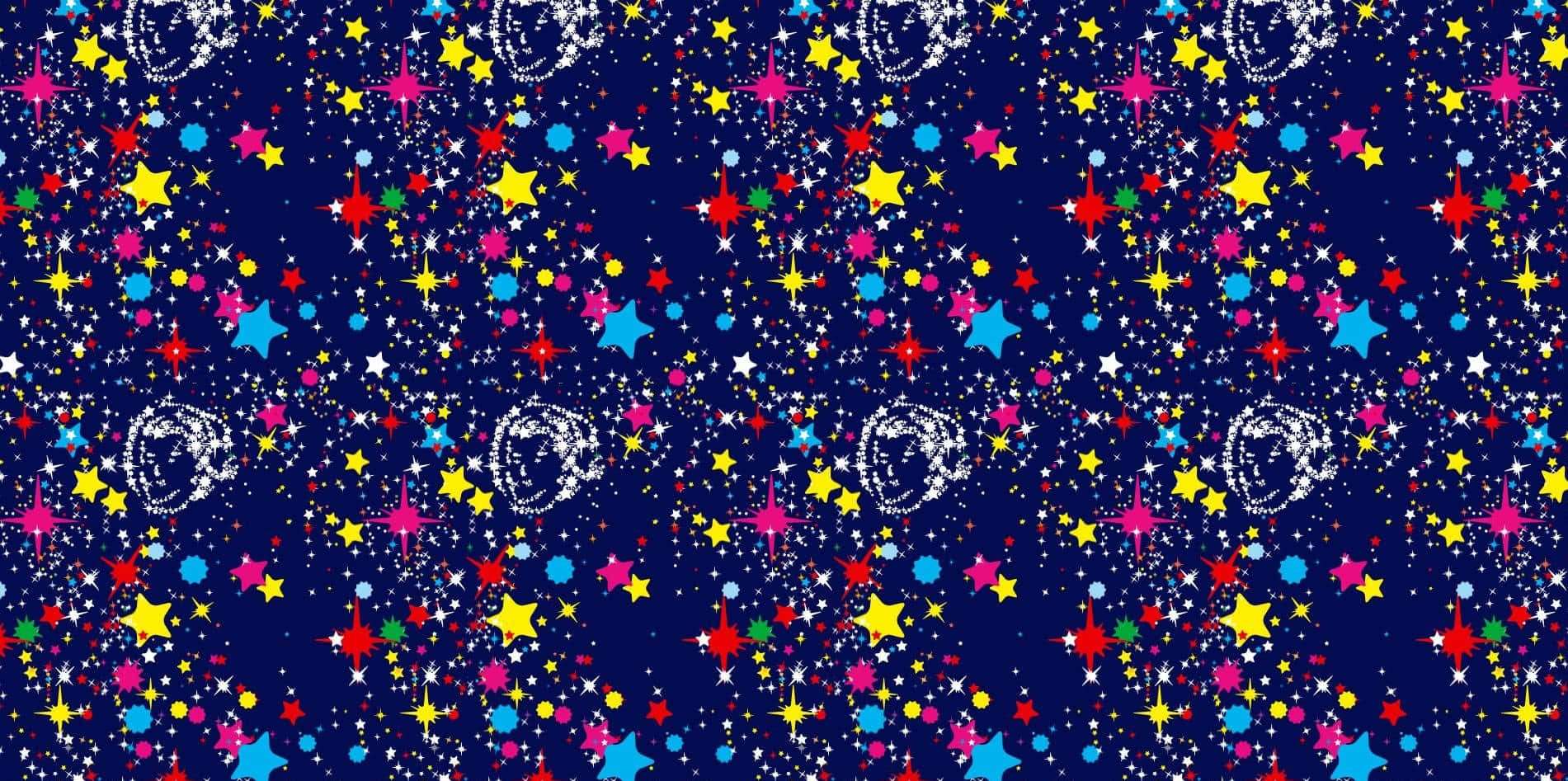 Bape 動態 桌布 壁紙 — 鮮豔多彩的星星和發光點散佈在深藍色宇宙背景上，帶有重複的月相。