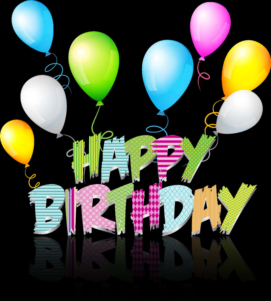 Happy Birthday Text 桌布 壁紙 — 鮮豔多彩的氣球漂浮在粗體 'HAPPY BIRTHDAY' 文字上方，黑色背景上有光澤反射。