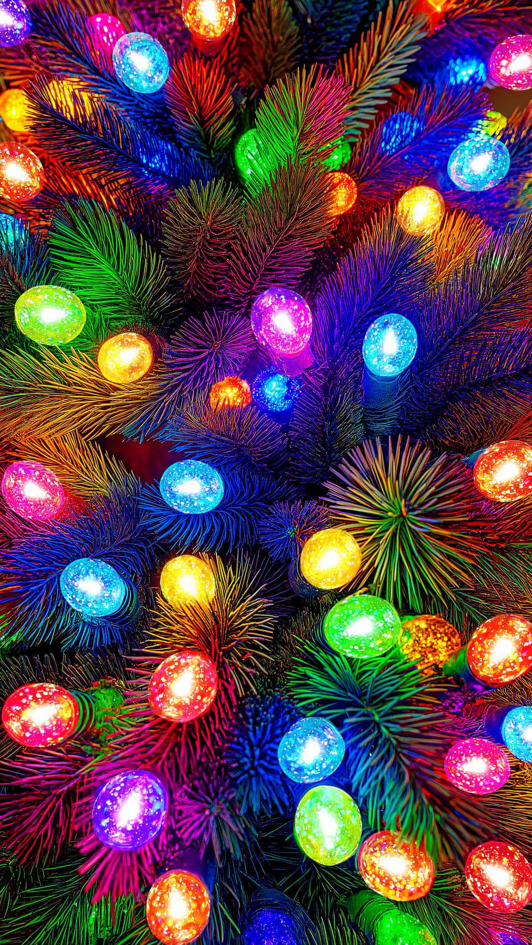 Christmas Wallpapers 壁紙 — 鮮豔多彩的發光燈飾在深綠色松針間密集閃爍，呈現節日特寫。