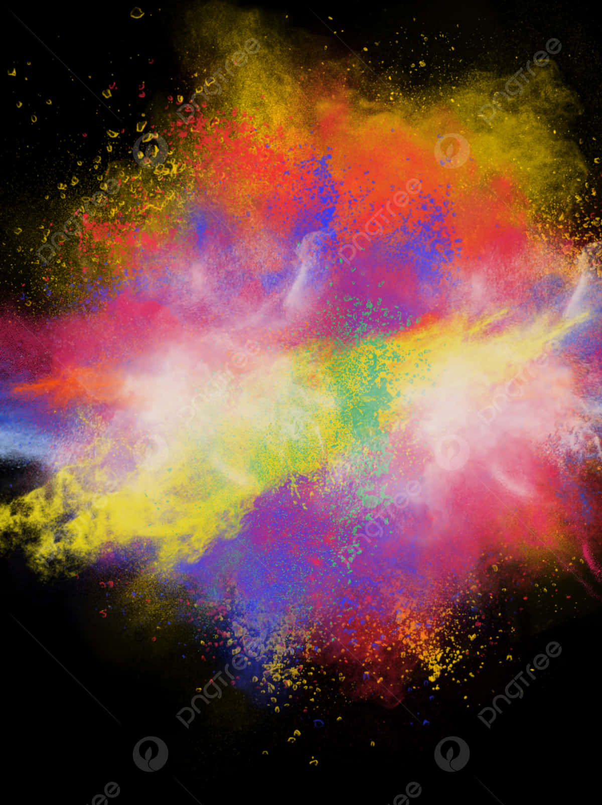 Paint Splash 桌布 壁紙 — 鮮豔多彩的粉末在黑色背景上爆炸，呈現出紅色、黃色、藍色和粉紅色的動態爆發。