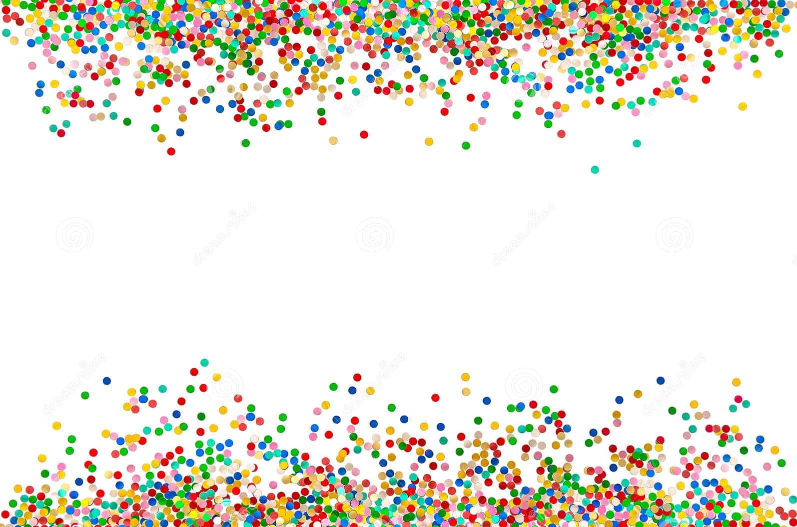 Confetti 桌布 壁紙 — 鮮豔多彩的紙屑圓點沿著頂部和底部邊緣在純白背景上層疊分佈。