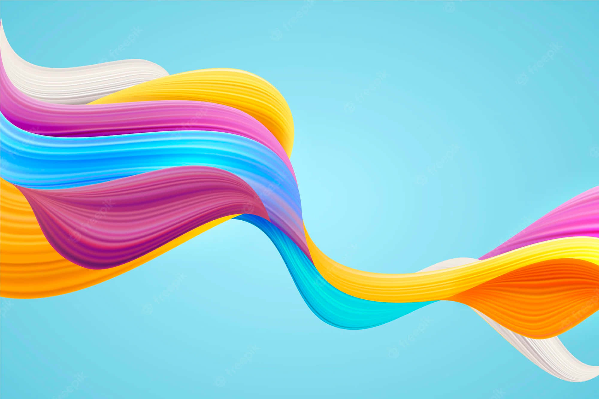 Colourful 桌布 壁紙 — 鮮豔多彩的絲帶在柔和的藍色背景上以流暢的數位波浪動態流動。