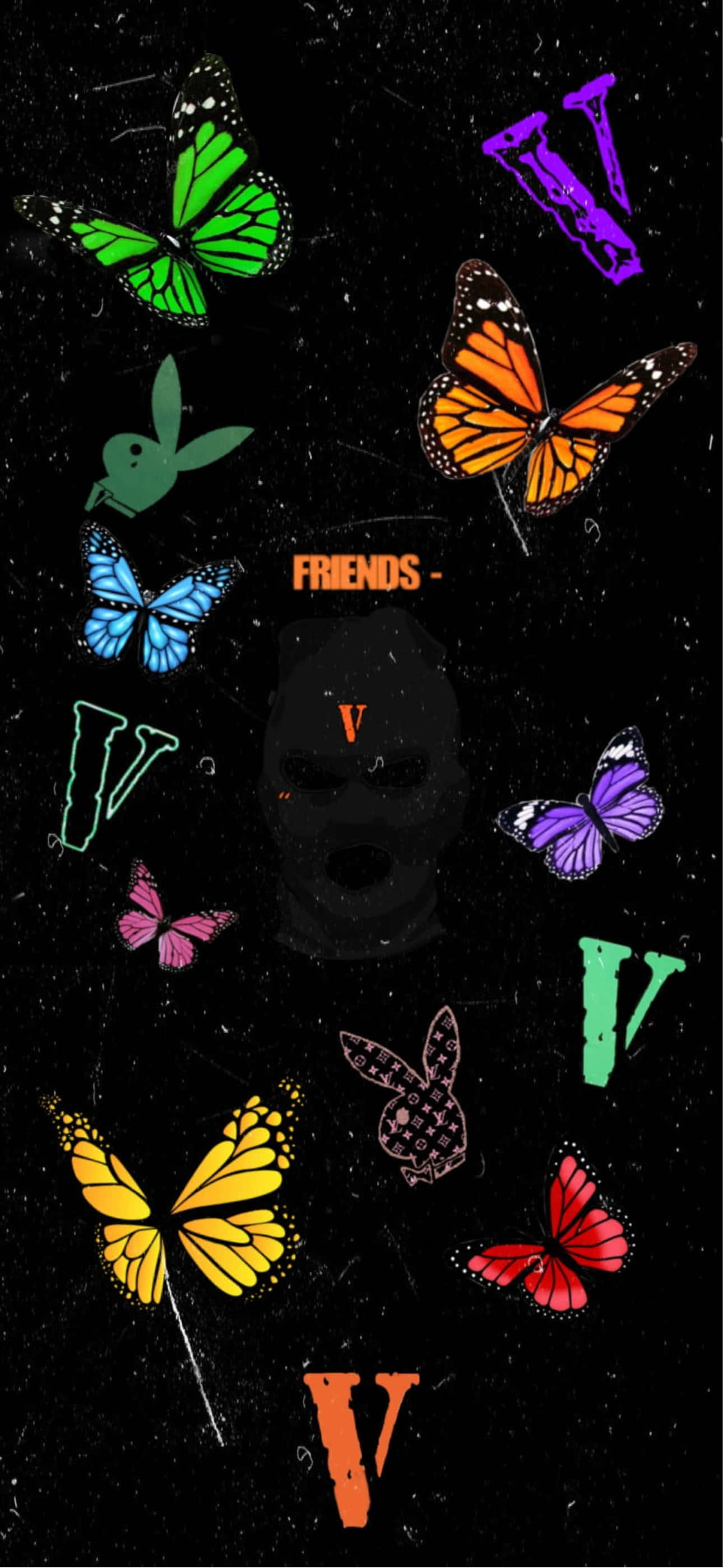 Butterflies 桌布 壁紙 — 鮮豔多彩的蝴蝶和風格化的V符號漂浮在中央戴面具的臉周圍，背景為黑色紋理。