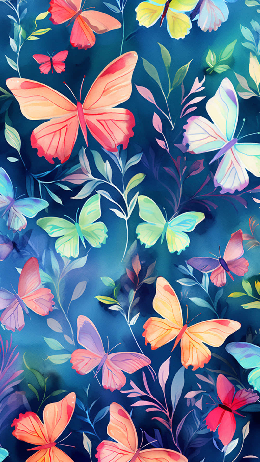 butterfly and leaf 壁紙 — 鮮豔多彩的蝴蝶在茂密的樹葉間翩翩起舞，背景是深藍綠色。