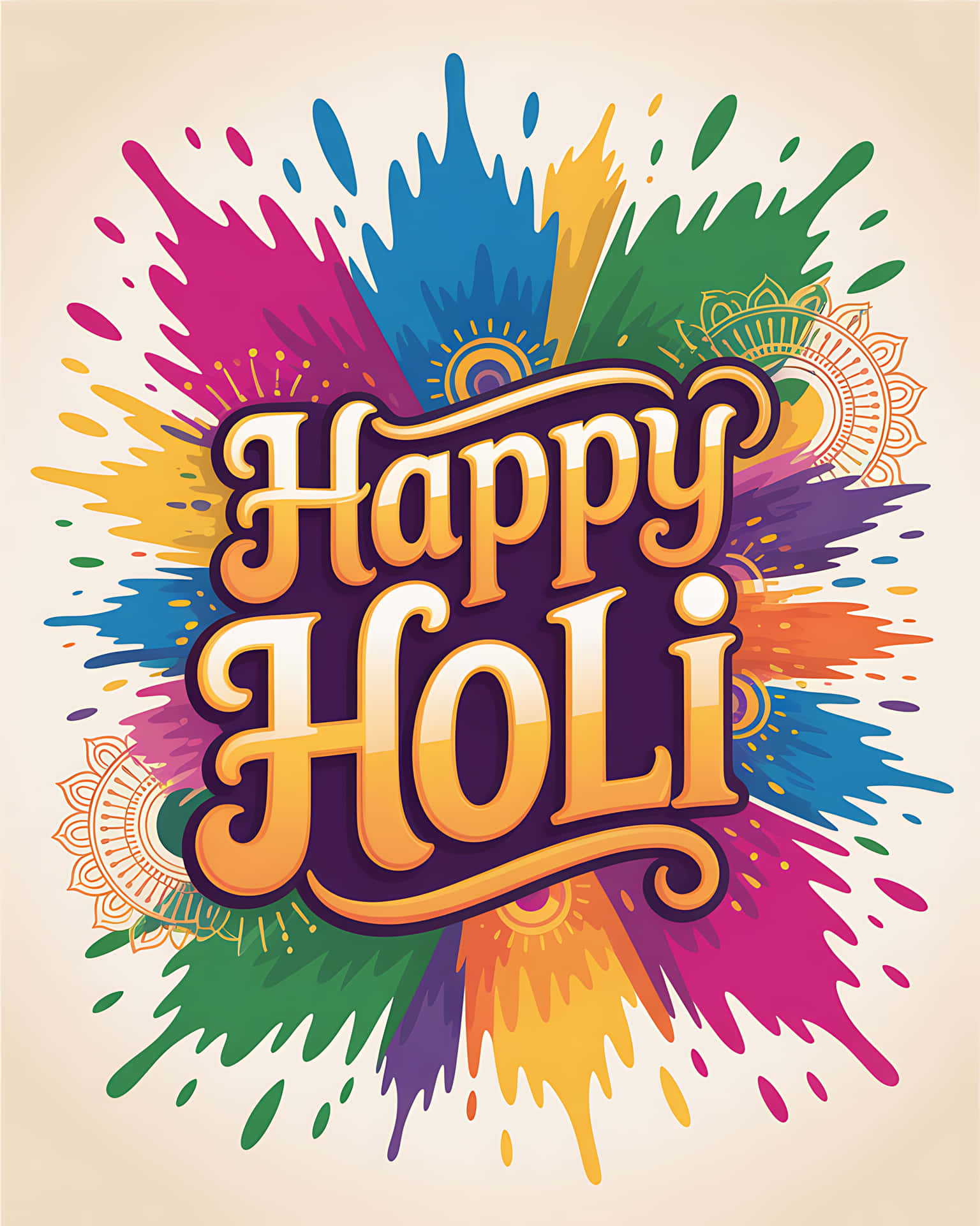 Vibrant holi celebration background with colorful splashes 壁紙 — 鮮豔多彩的顏料飛濺在粗體金色「Happy Holi」文字後方爆發，並帶有華麗的曼陀羅圖案。