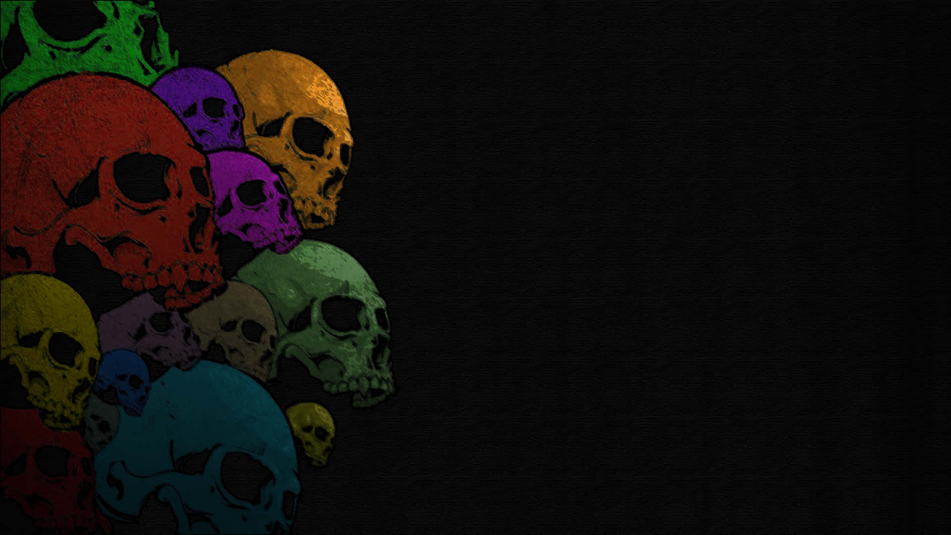 skulls 桌布 壁紙 — 鮮豔多彩的骷髏頭聚集在純黑色背景上，呈現粗糙的數位藝術風格。
