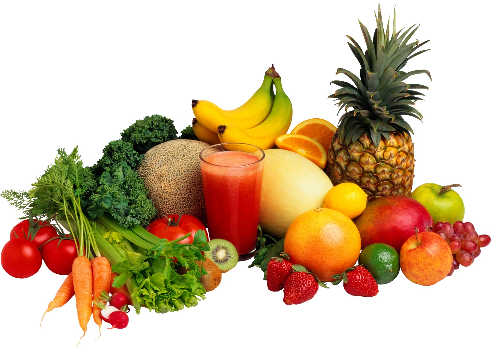 Healthy Food 桌布 壁紙 — 鮮豔多樣的新鮮水果、蔬菜和一杯果汁，排列在純黑背景上。