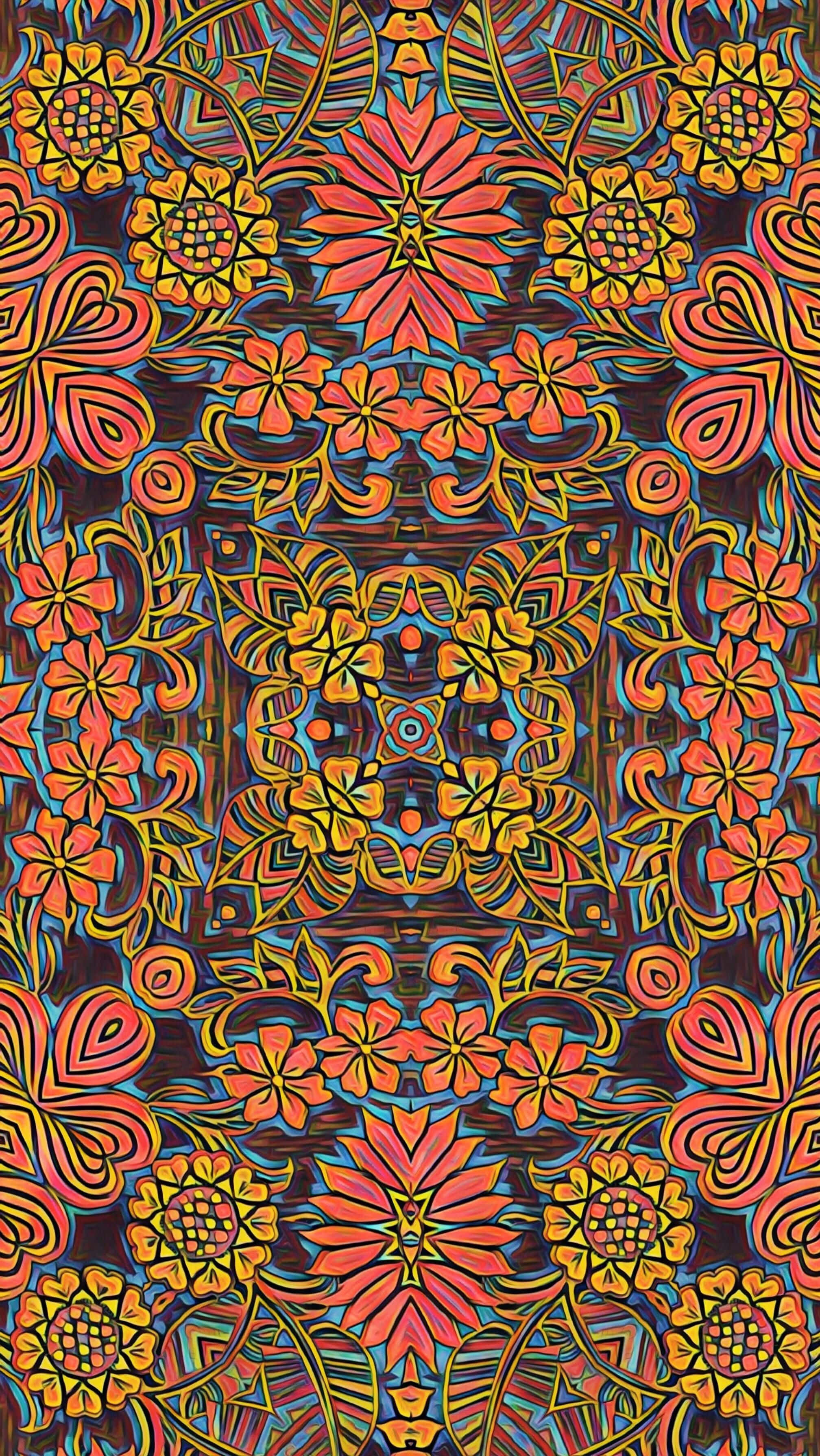 60s 桌布 壁紙 — 鮮豔對稱花卉圖案，在深色背景上帶有強烈的橙色、紅色、黃色和藍綠色調。