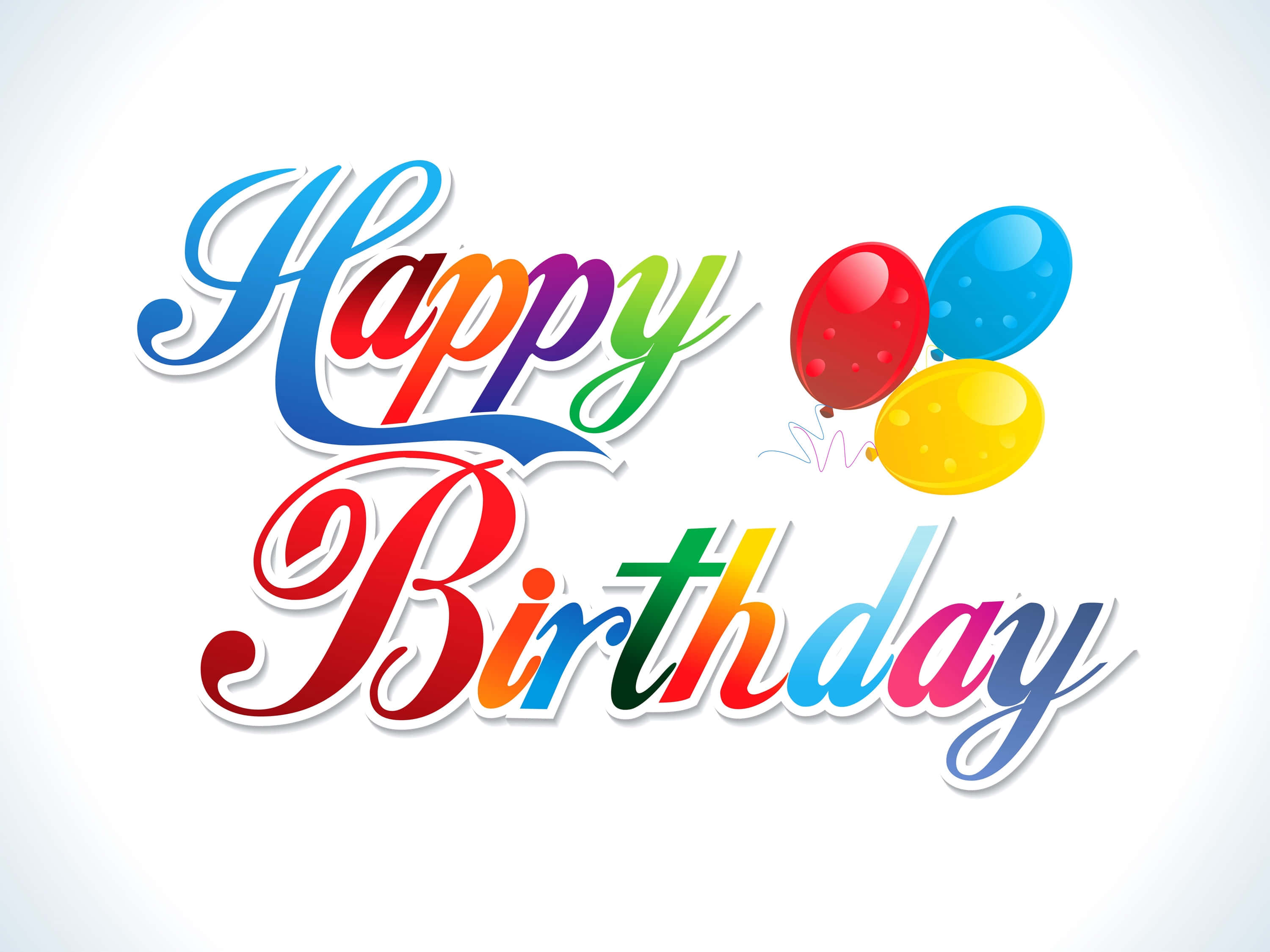 字體排印 桌布 壁紙 — 鮮豔彩虹色的「Happy Birthday」文字，搭配有光澤的氣球，背景是柔和的白色漸層。