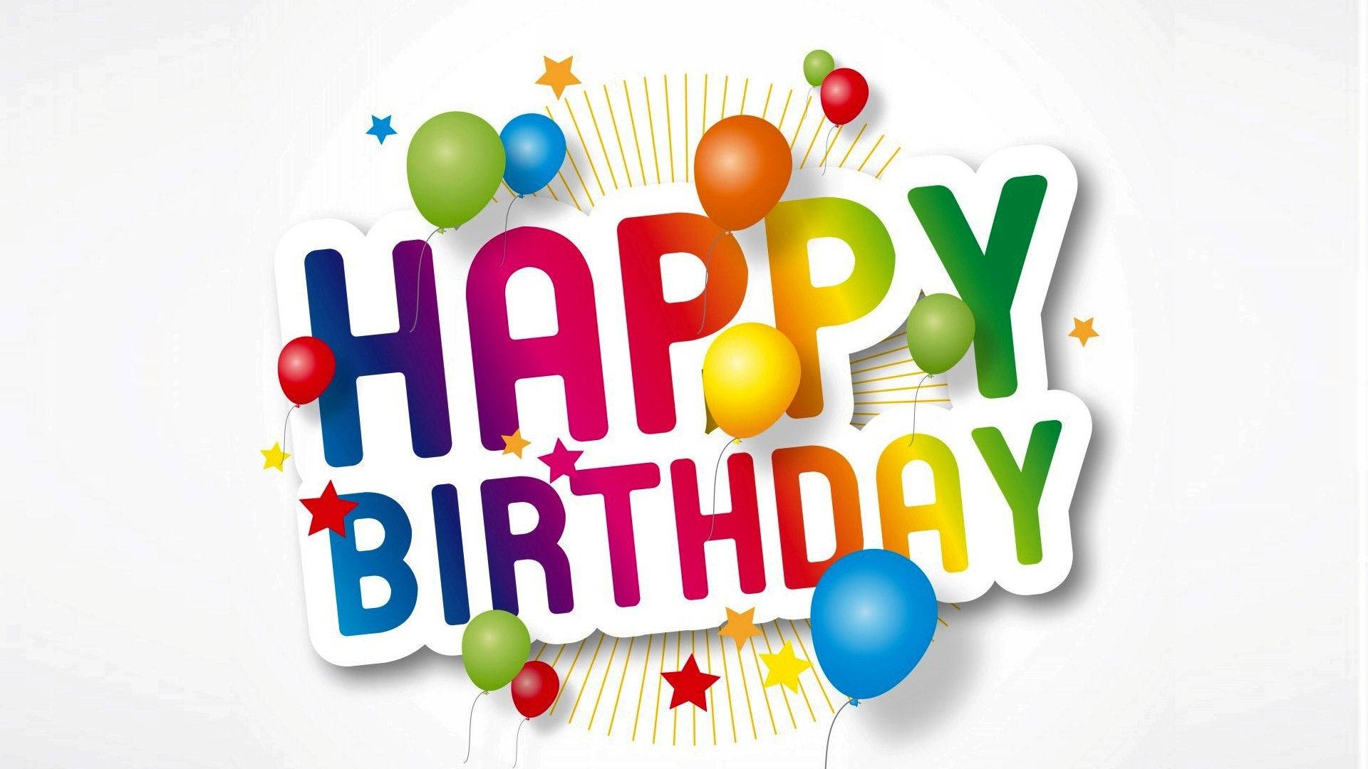 生日快樂 桌布 壁紙 — 鮮豔彩虹色的「HAPPY BIRTHDAY」文字，周圍有漂浮的氣球和星星，背景是乾淨的白色。