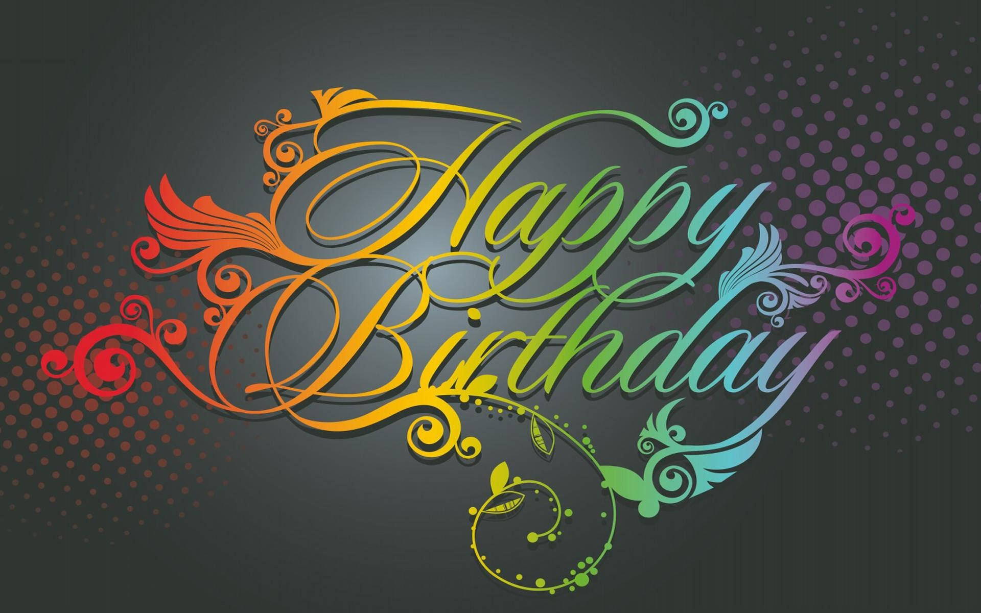 在深色點點背景上，用彩色草書寫成的Happy Birthday訊息，帶有裝飾性漩渦。 — 生日快樂 GIF 壁紙
