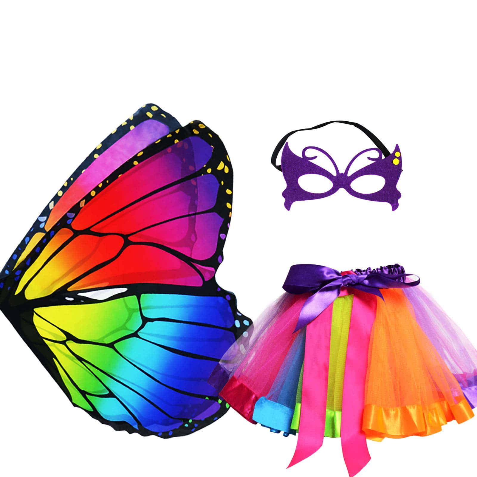 Butterfly Wing Dress 桌布 壁紙 — 鮮豔彩虹蝴蝶翅膀面具及芭蕾舞裙服裝套裝，以潔白背景襯托。