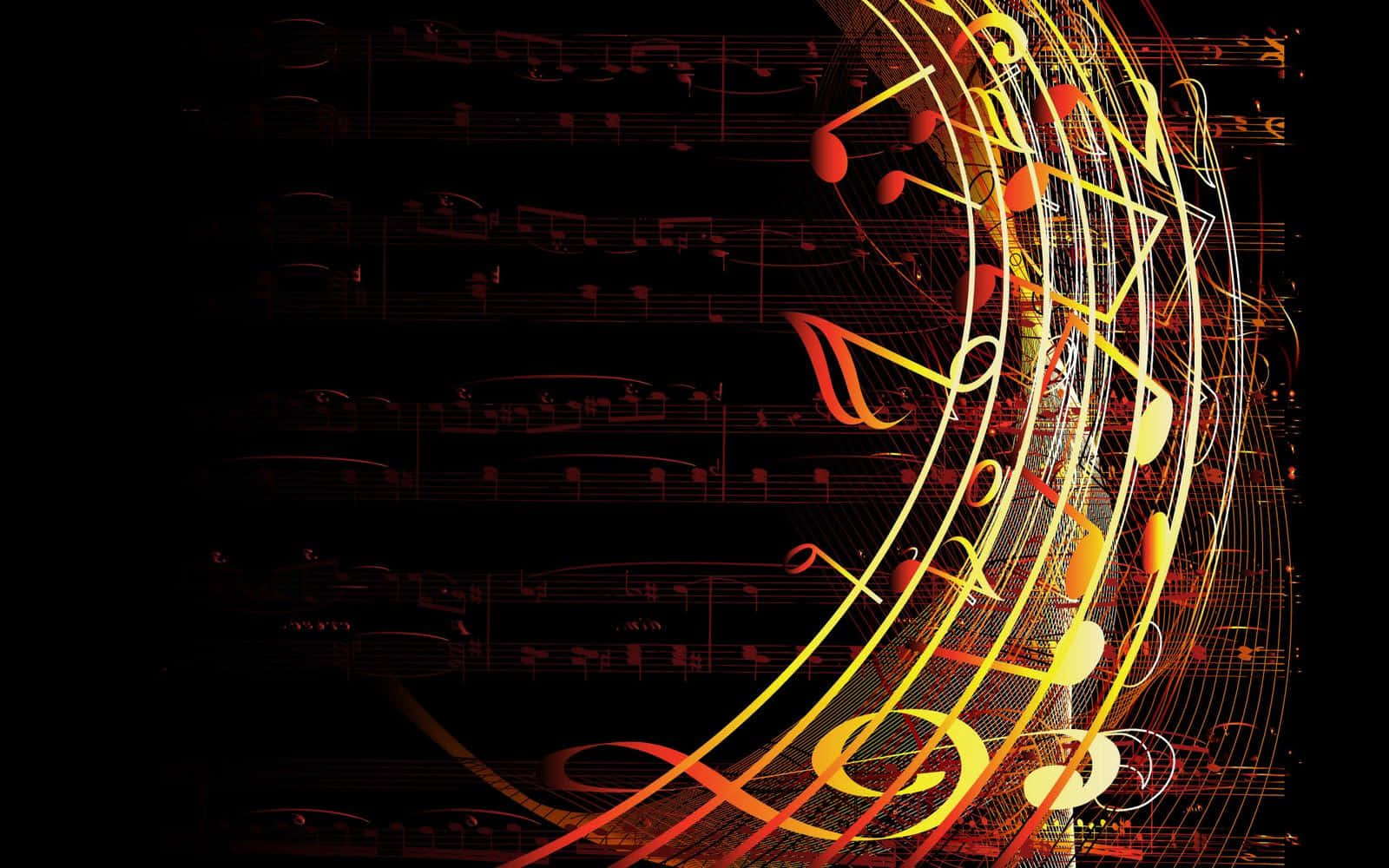 Musical 桌布 壁紙 — 鮮豔旋轉的音符和五線譜在深色背景上發出火熱的橙色和黃色光芒。