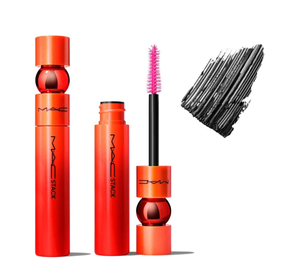 Mac Cosmetics 桌布 壁紙 — 鮮豔橙色MAC Stack睫毛膏管，搭配粉紅色刷頭和黑色睫毛膏試色，白色背景。