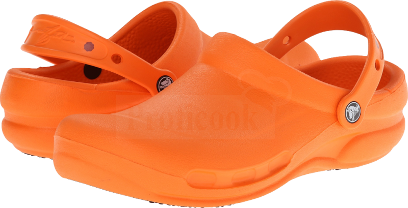 Crocs 桌布 壁紙 — 鮮豔橙色木屐，配有可調節帶子和品牌標誌，展示在純色背景上。