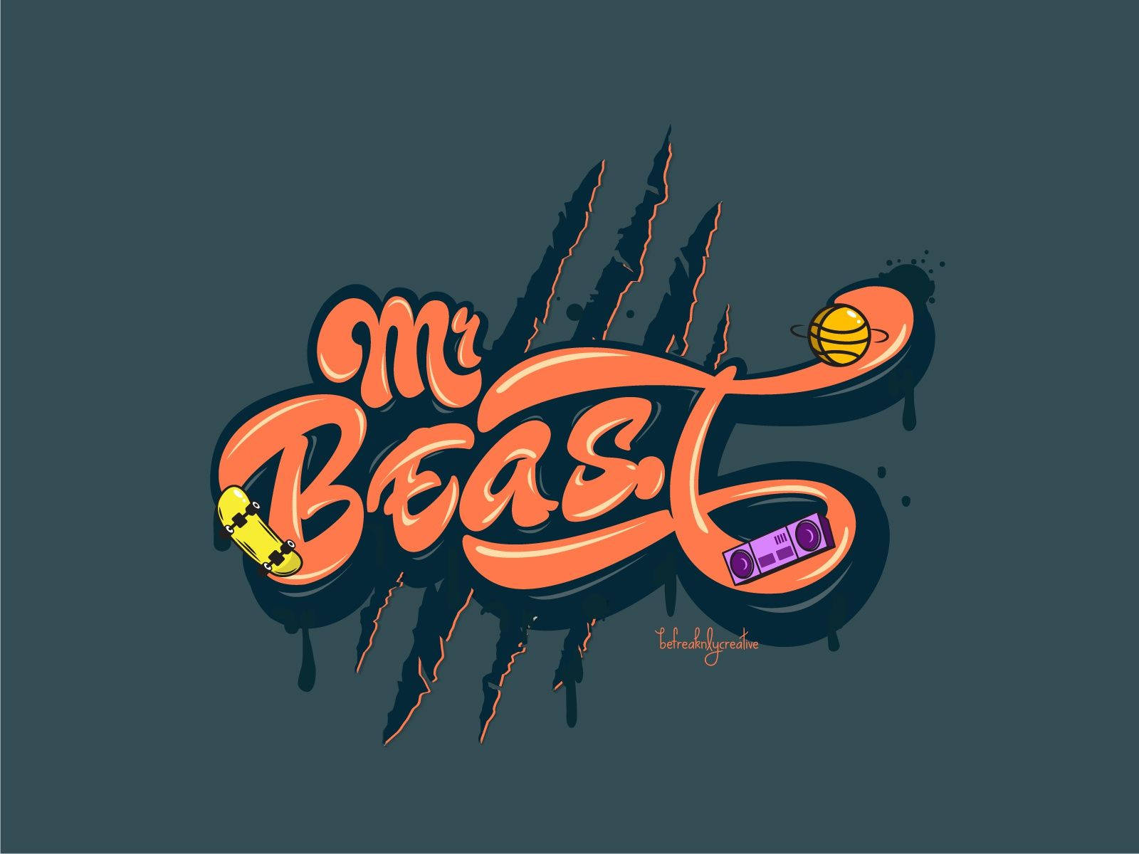 藝術 桌布 壁紙 — 鮮豔橙色風格化文字 'Mr Beast'，字母中融入滑板及卡式錄音帶，背景為深藍綠色。