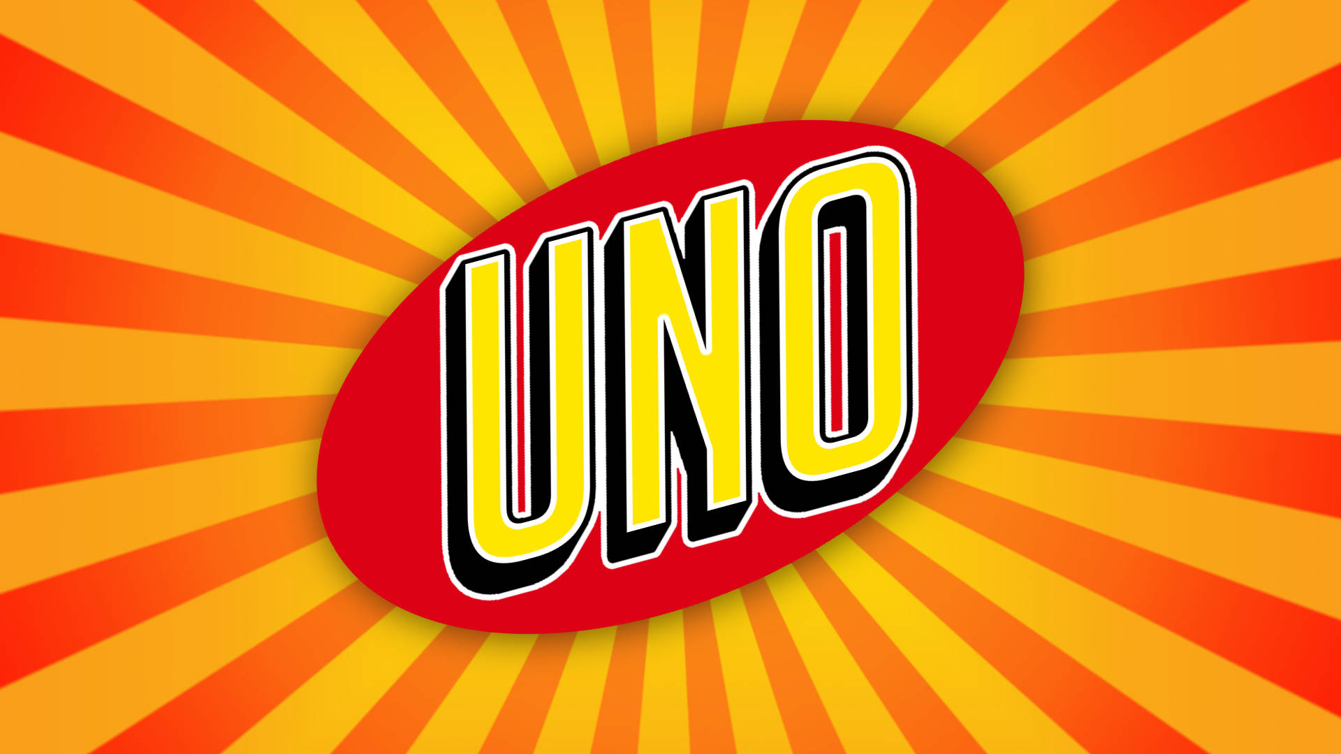 Uno 桌布 壁紙 — 鮮豔橙色黃色太陽光線背景上，紅色橢圓形上的大膽黃色UNO標誌。