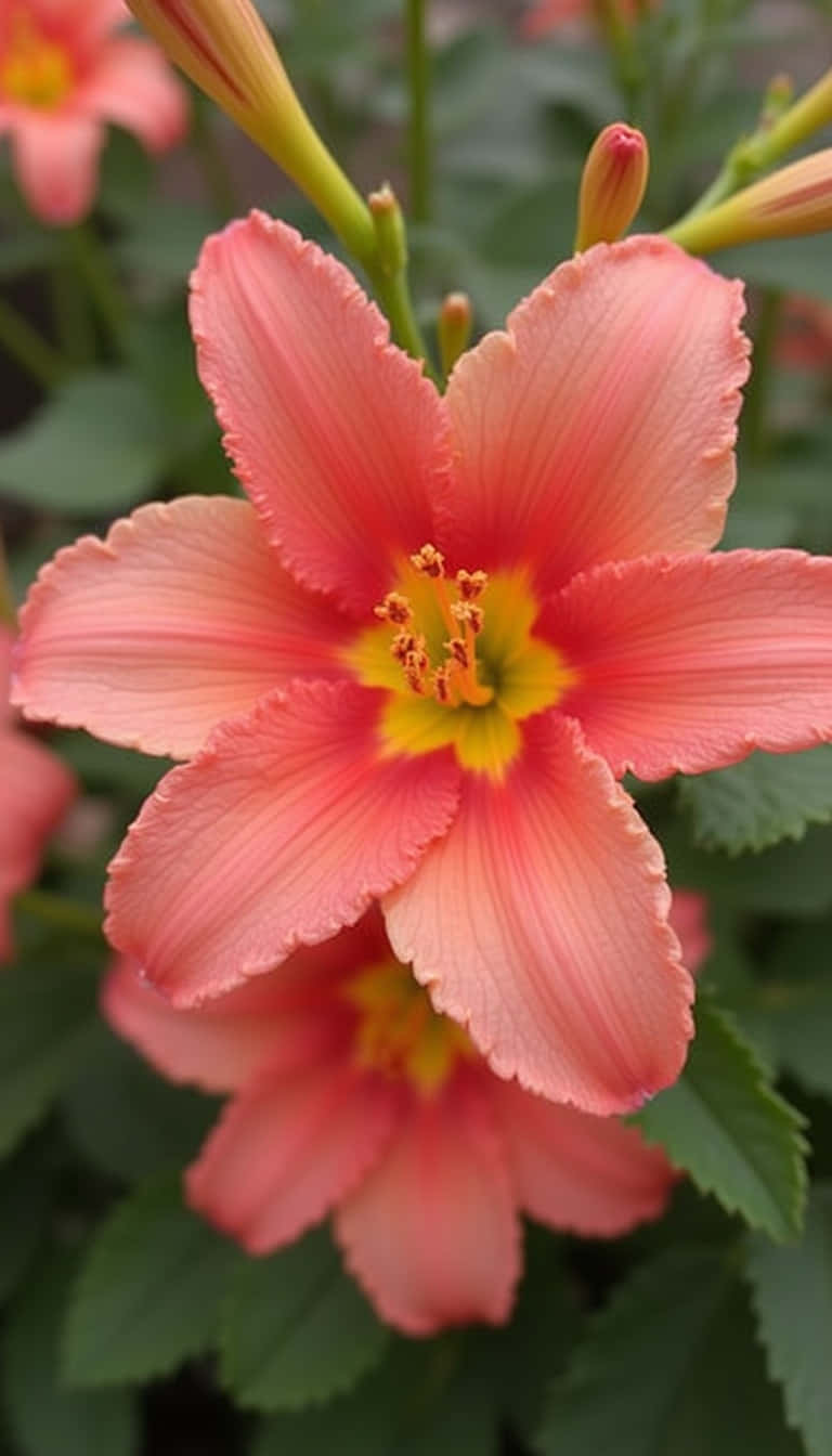 Flower 壁紙 — 鮮豔珊瑚粉紅萱草的近距離特寫，帶有褶邊花瓣和明亮的黃色中心，周圍環繞著茂密的綠葉。