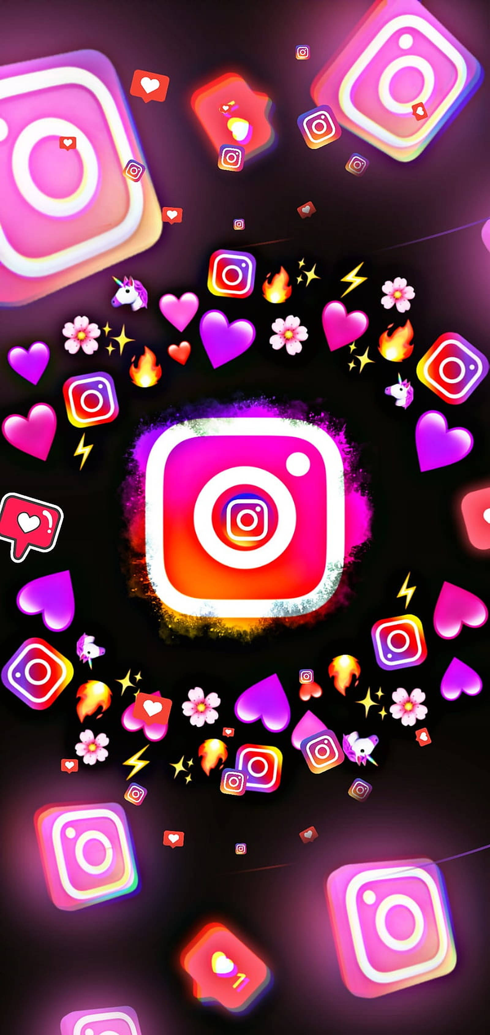 Instagram 桌布 壁紙 — 鮮豔發光的Instagram標誌與心形、花朵和閃光在黑暗的宇宙背景中旋轉。