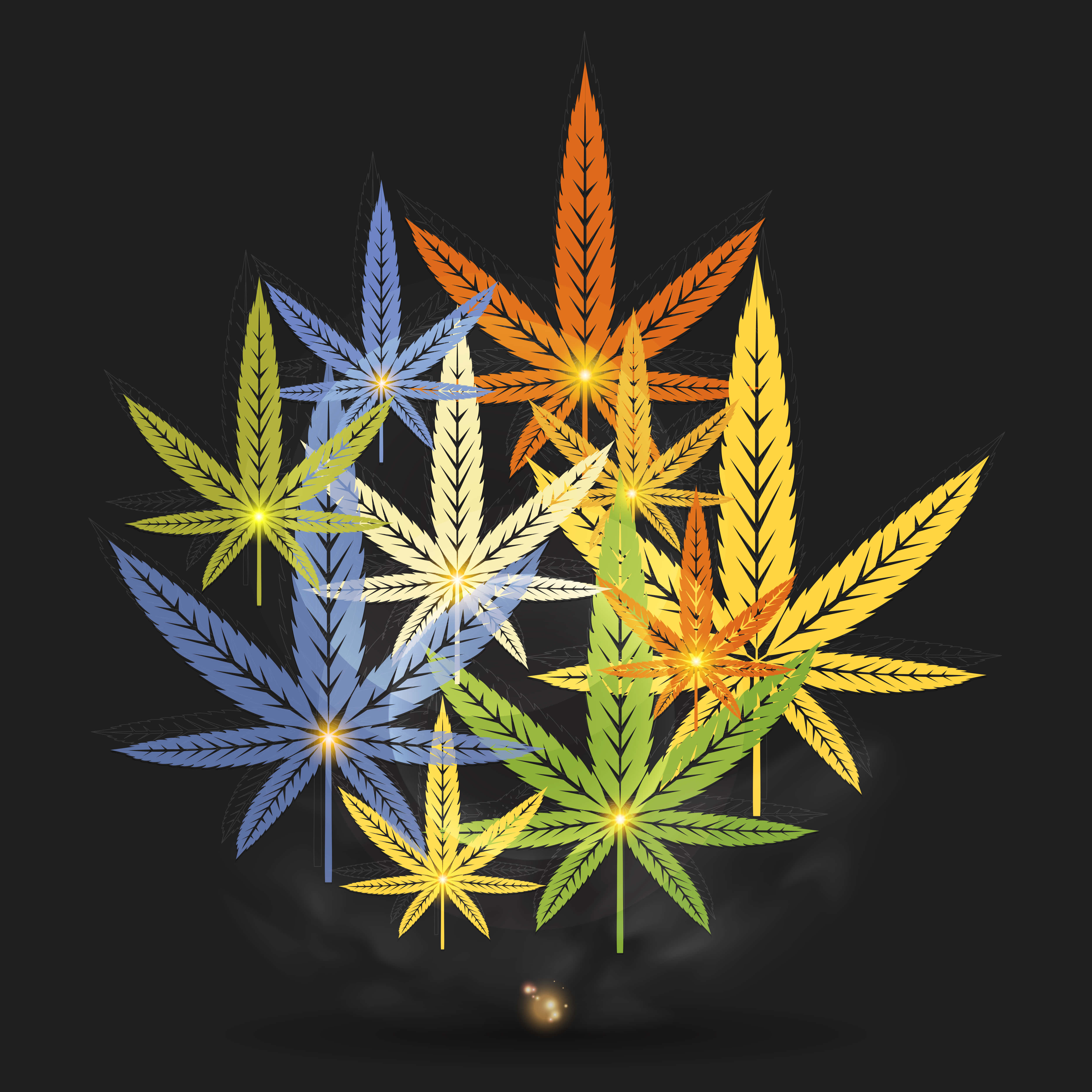 Marijuana Leaf 桌布 壁紙 — 鮮豔發光的大麻葉，呈現橙色、黃色、綠色和藍色，在深色背景上放射光芒。