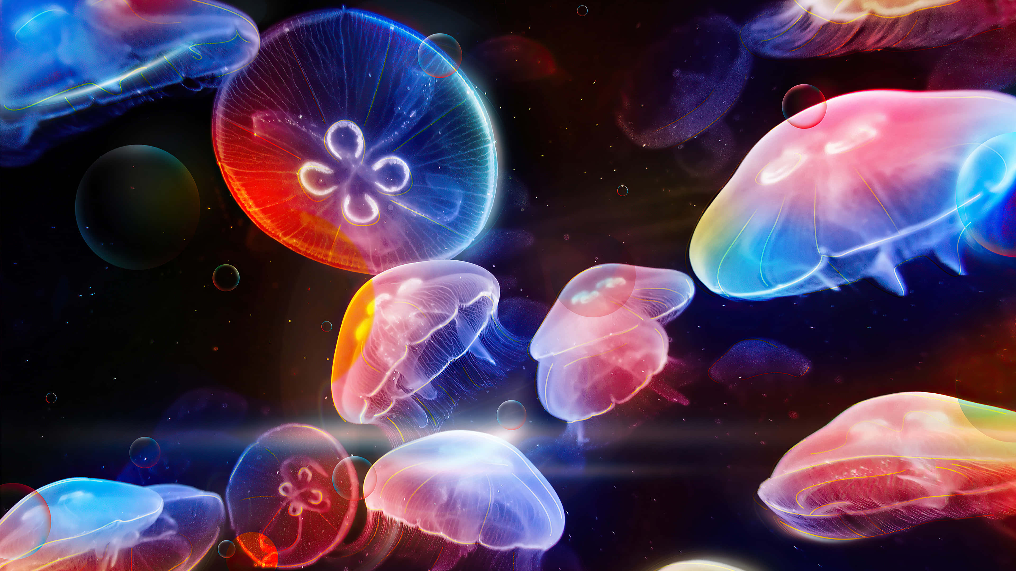 水母 桌布 壁紙 — 鮮豔發光的水母在黑暗的宇宙海洋中優雅漂浮，帶有耀眼的霓虹色調和漂浮的球體。