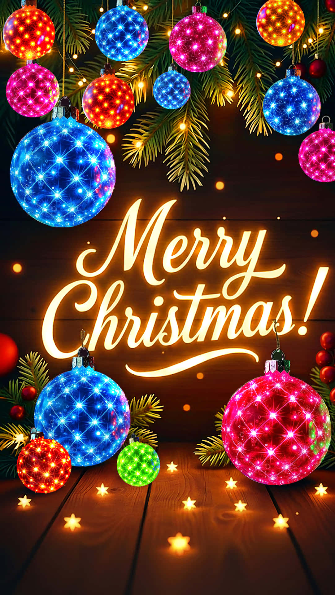Christmas Wallpapers 壁紙 — 鮮豔發光的紅色、藍色和綠色聖誕裝飾品掛在松樹枝間，配上溫暖的仙女燈和一個發光的聖誕快樂標誌在木質背景上。