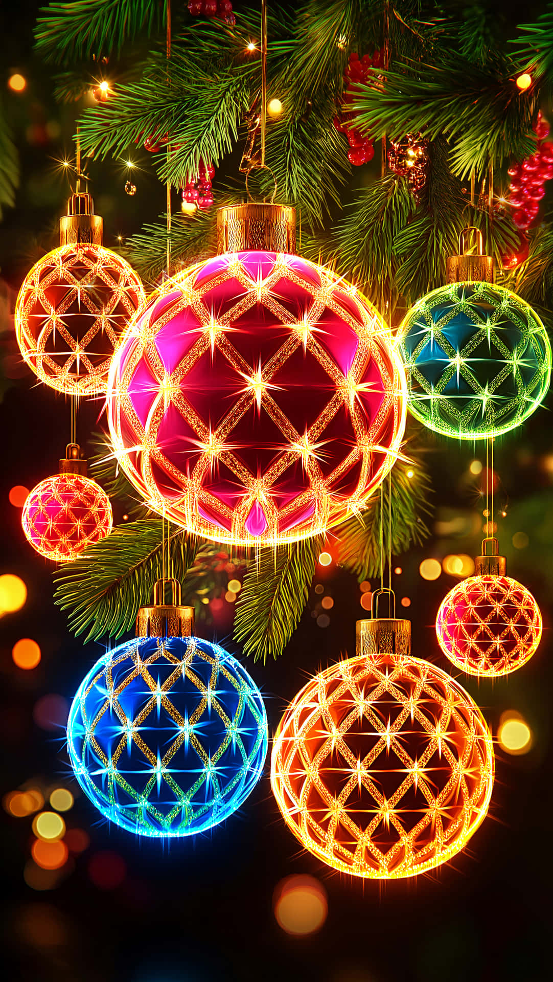 Christmas Wallpapers 壁紙 — 鮮豔發光的聖誕裝飾品，帶有幾何金色圖案，掛在松樹枝上，背景是散景光。