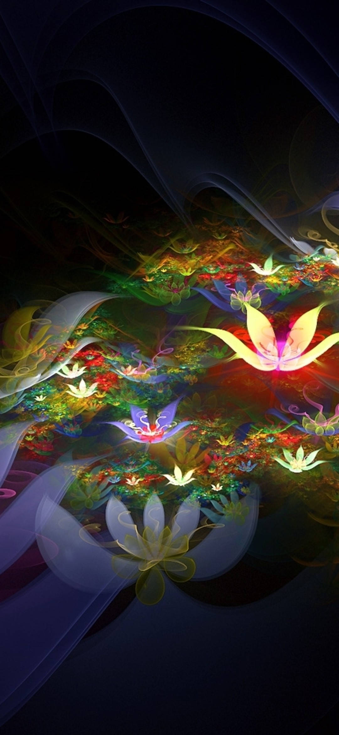 蓮花 桌布 壁紙 — 鮮豔發光的蓮花在超現實的黑暗水生場景中盛開，伴隨著旋轉的彩色卷鬚。