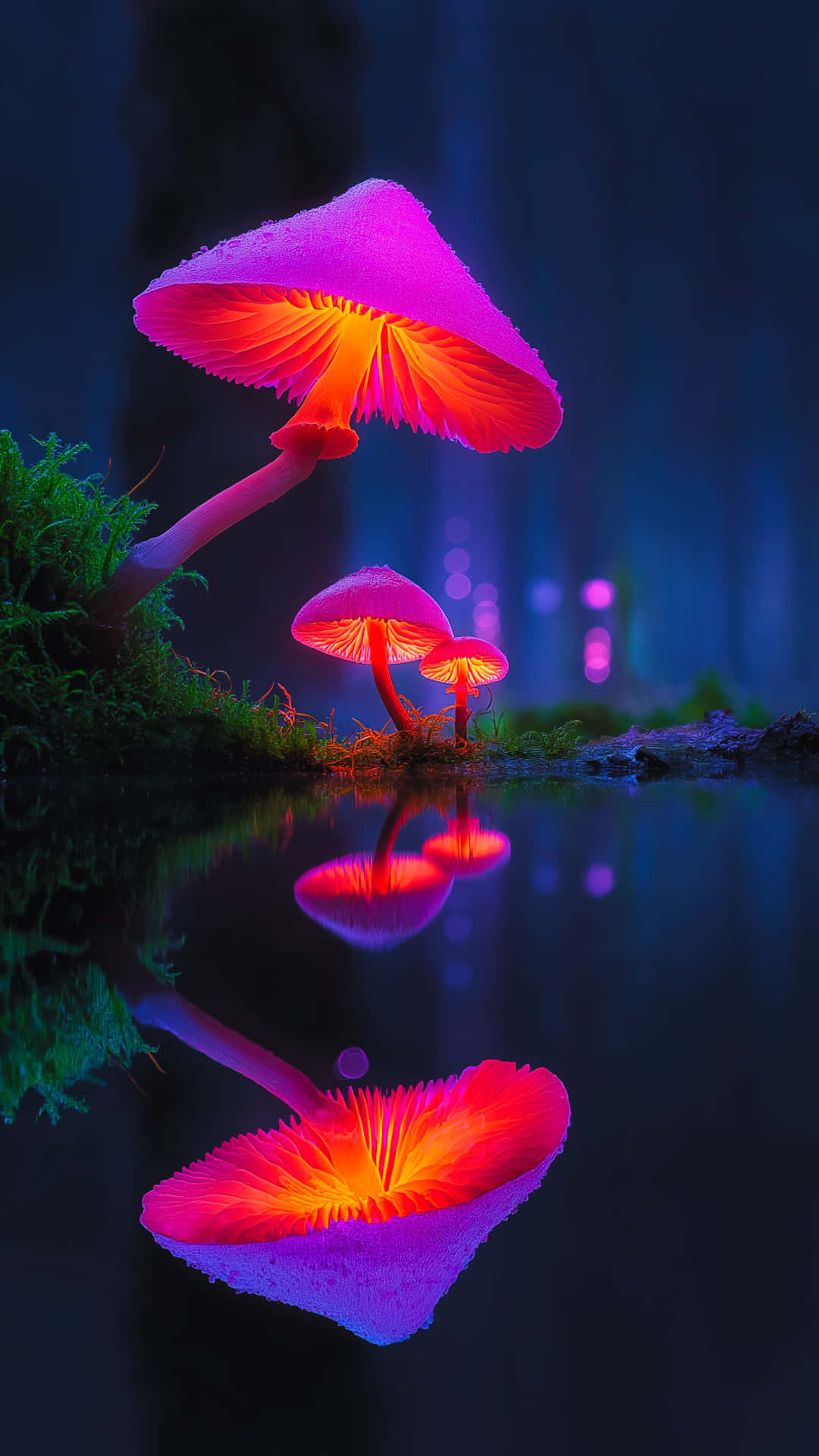 Enchanting bioluminescent mushrooms illuminate a mystical forest scene at night 壁紙 — 鮮豔發光的蘑菇，粉紅色菌蓋和橙色菌褶，在藍色森林樹冠下的暗水中反射。