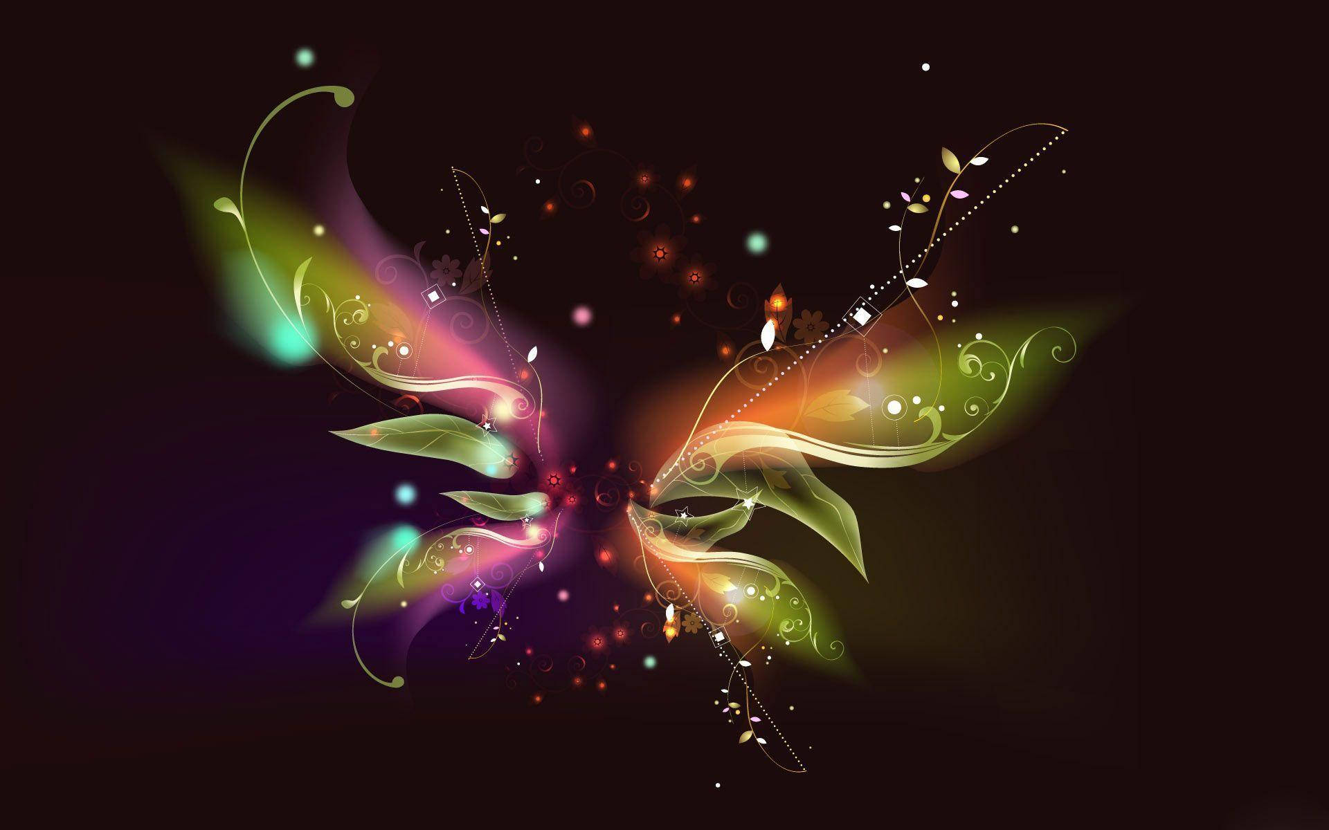 night butterfly 桌布 壁紙 — 鮮豔發光的蝴蝶翅膀，帶有旋轉花卉圖案和閃爍粒子，襯托在深色背景上。