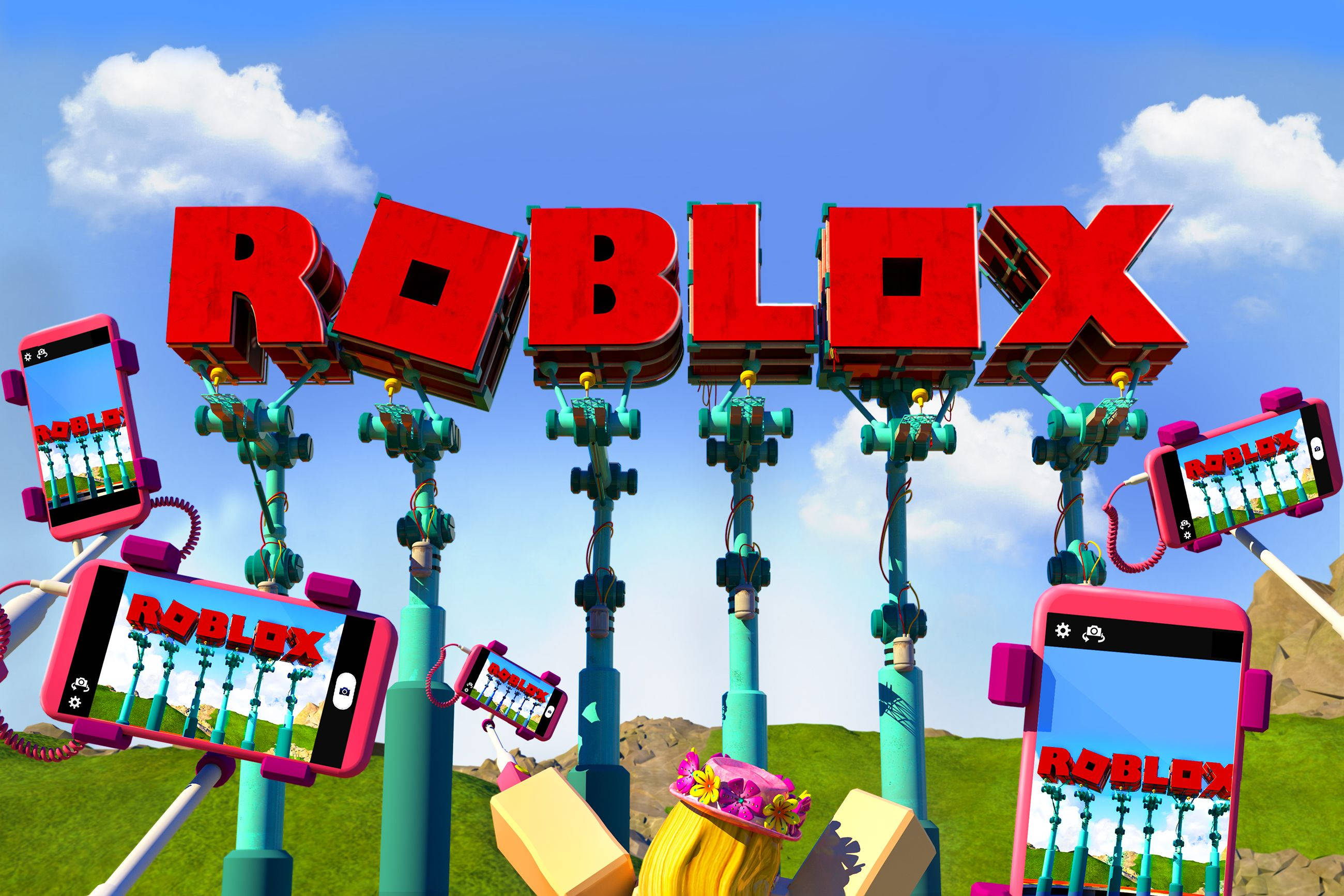 Roblox 桌布 壁紙 — 鮮豔的 3D 渲染 Roblox 標誌聳立在草地上，漂浮的手機顯示遊戲。