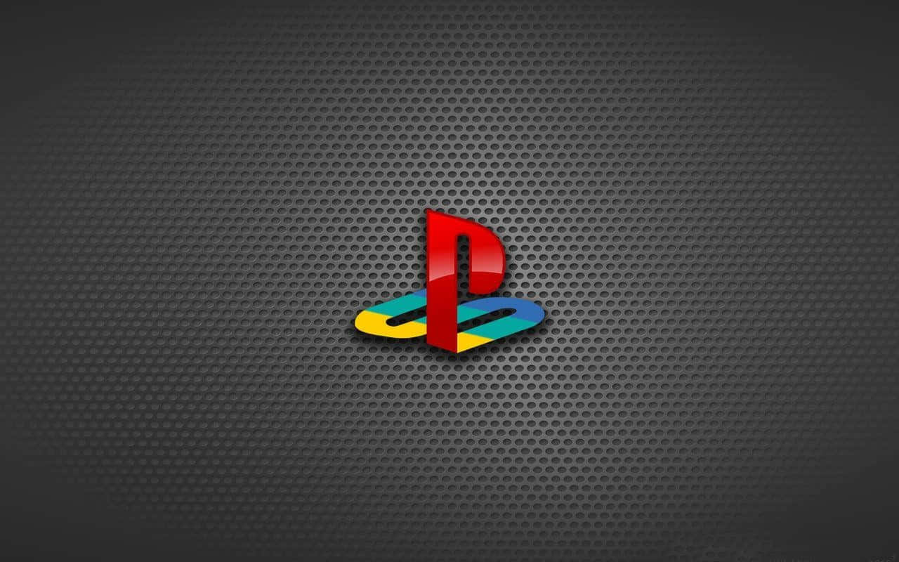 PlayStation 桌布 壁紙 — 鮮豔的 PlayStation 標誌居中於深色穿孔金屬紋理上，帶有微妙照明。