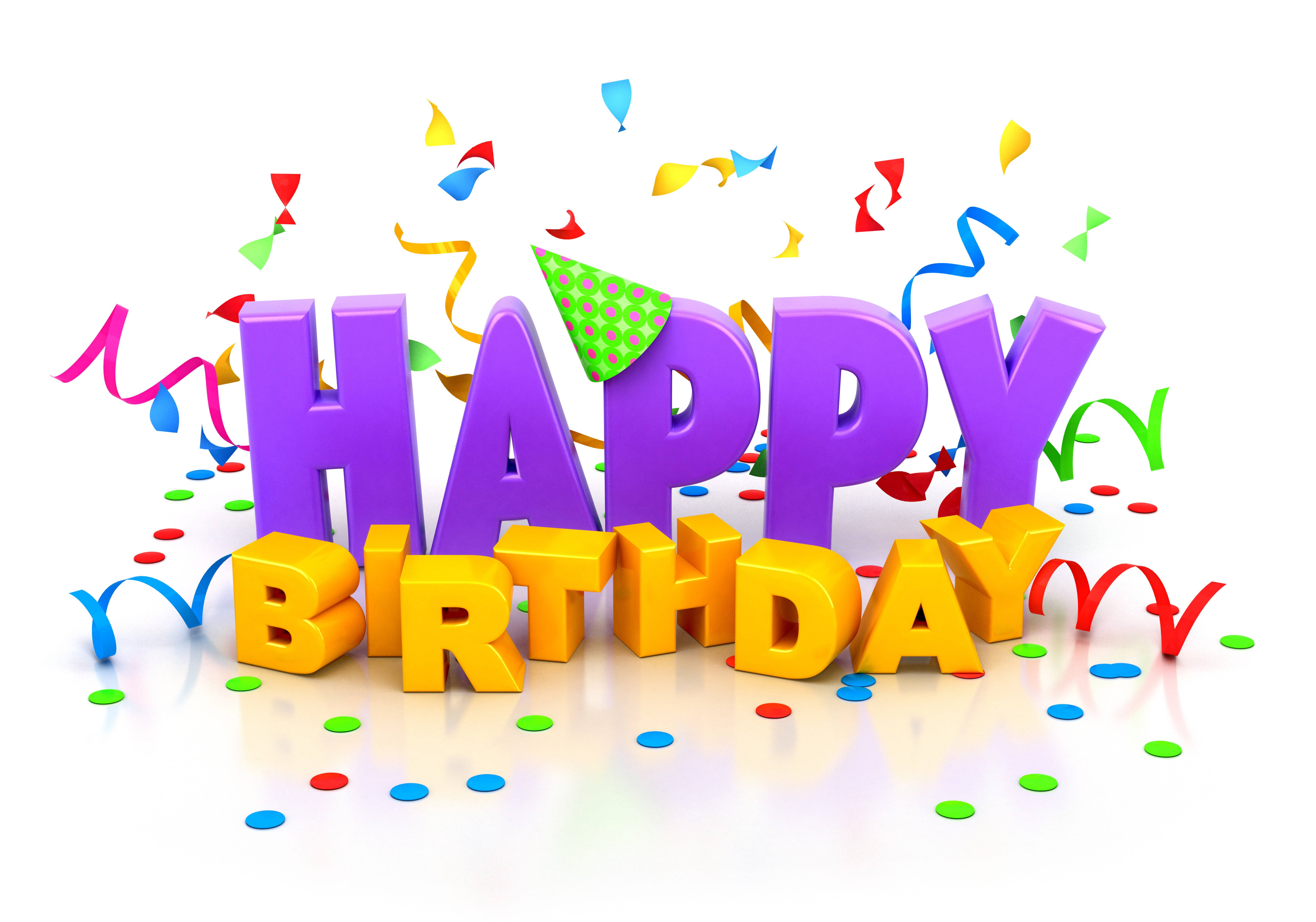 my 桌布 壁紙 — 鮮豔的3D字母拼出「HAPPY BIRTHDAY」，紫色和黃色，周圍漂浮著五彩紙屑和彩帶。