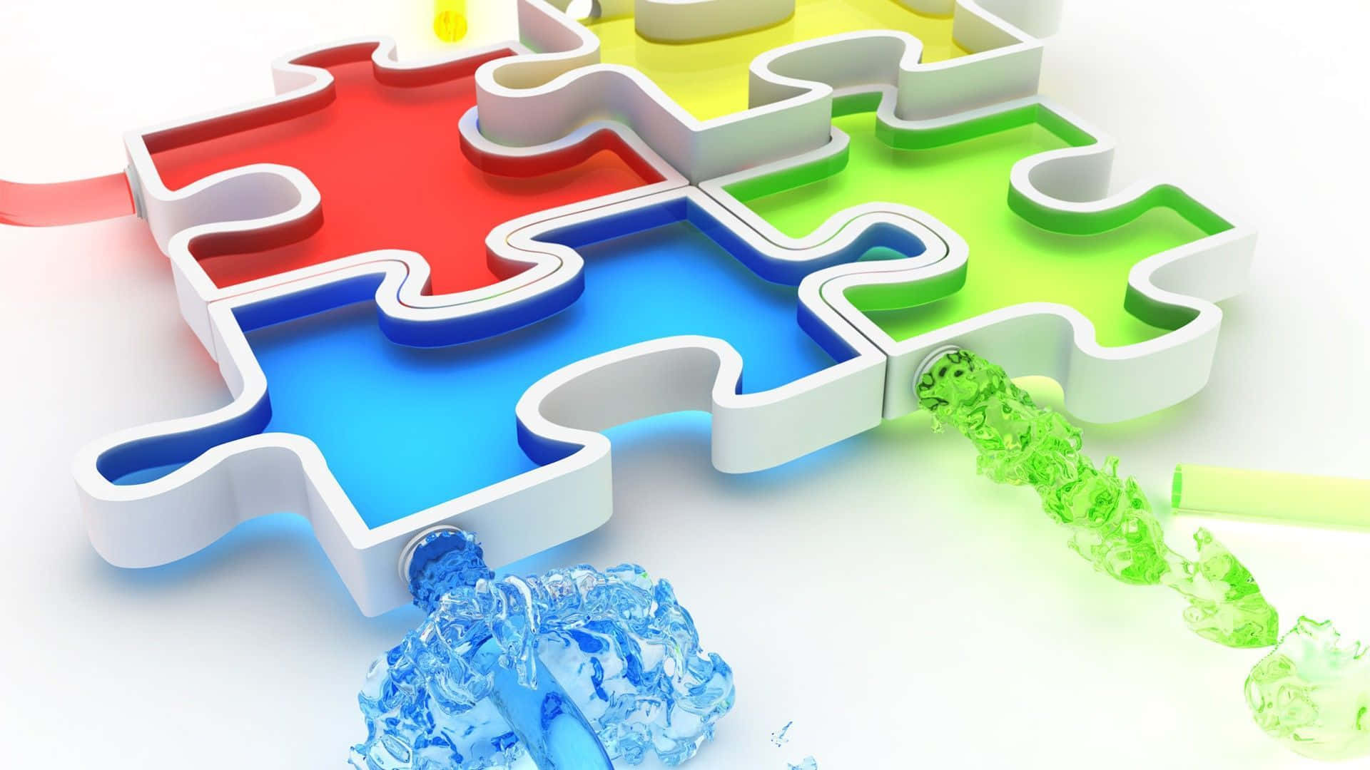 Puzzle 桌布 壁紙 — 鮮豔的3D拼圖塊，紅色、藍色和綠色，邊緣有發光液體流到白色表面上。