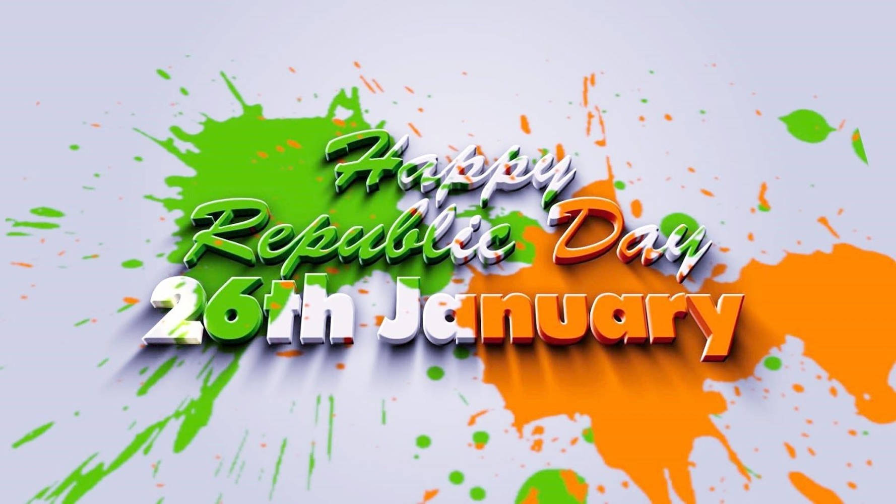Republic Day 桌布 壁紙 — 鮮豔的3D文字顯示「Happy Republic Day 26th January」，背景為白色，帶有綠色和橙色的油漆潑濺。
