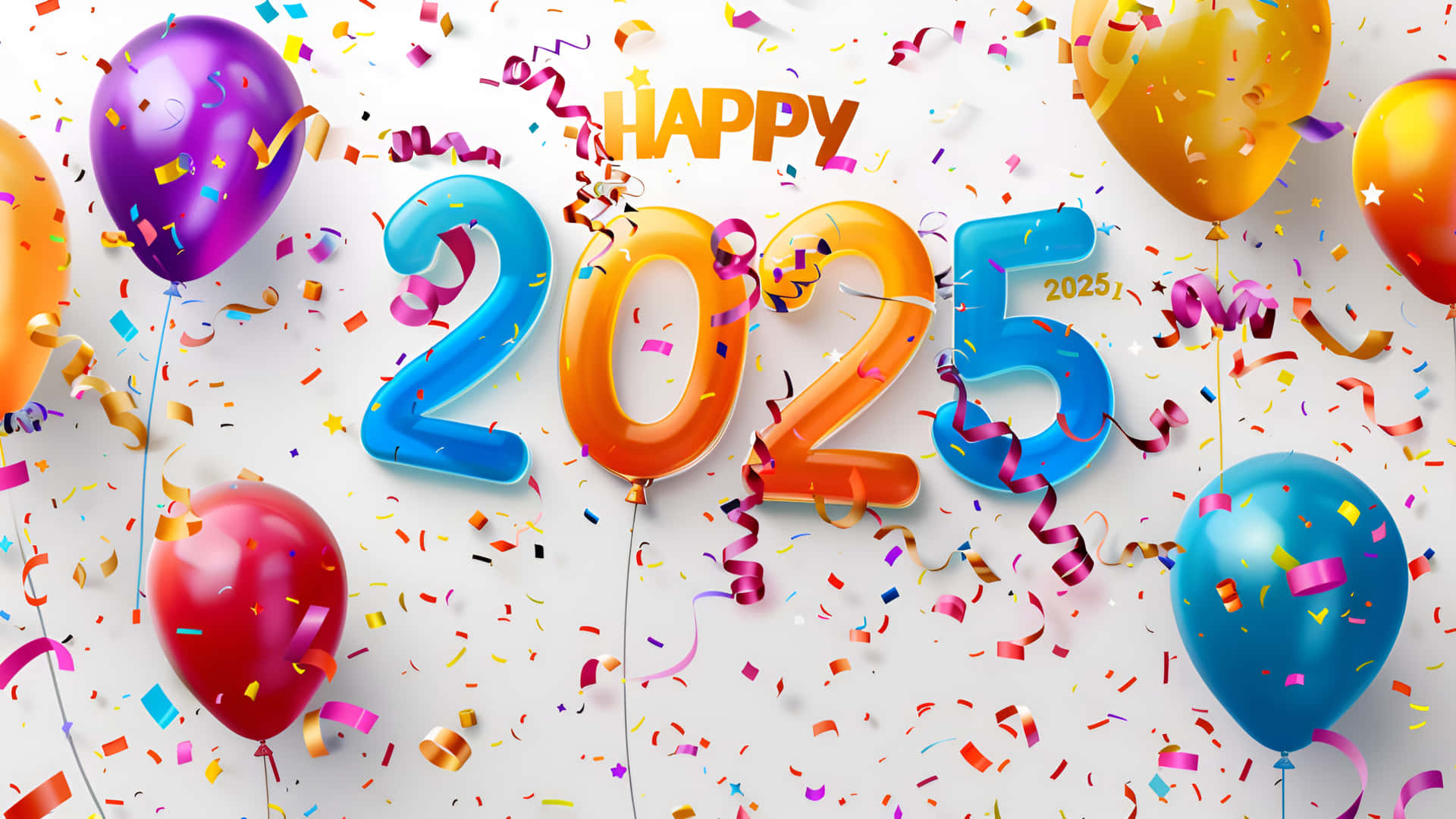 Happy 2025 With Balloons And Confetti 壁紙 — 鮮豔的3D氣球和五彩紙屑在明亮的白色背景上慶祝2025年新年快樂。