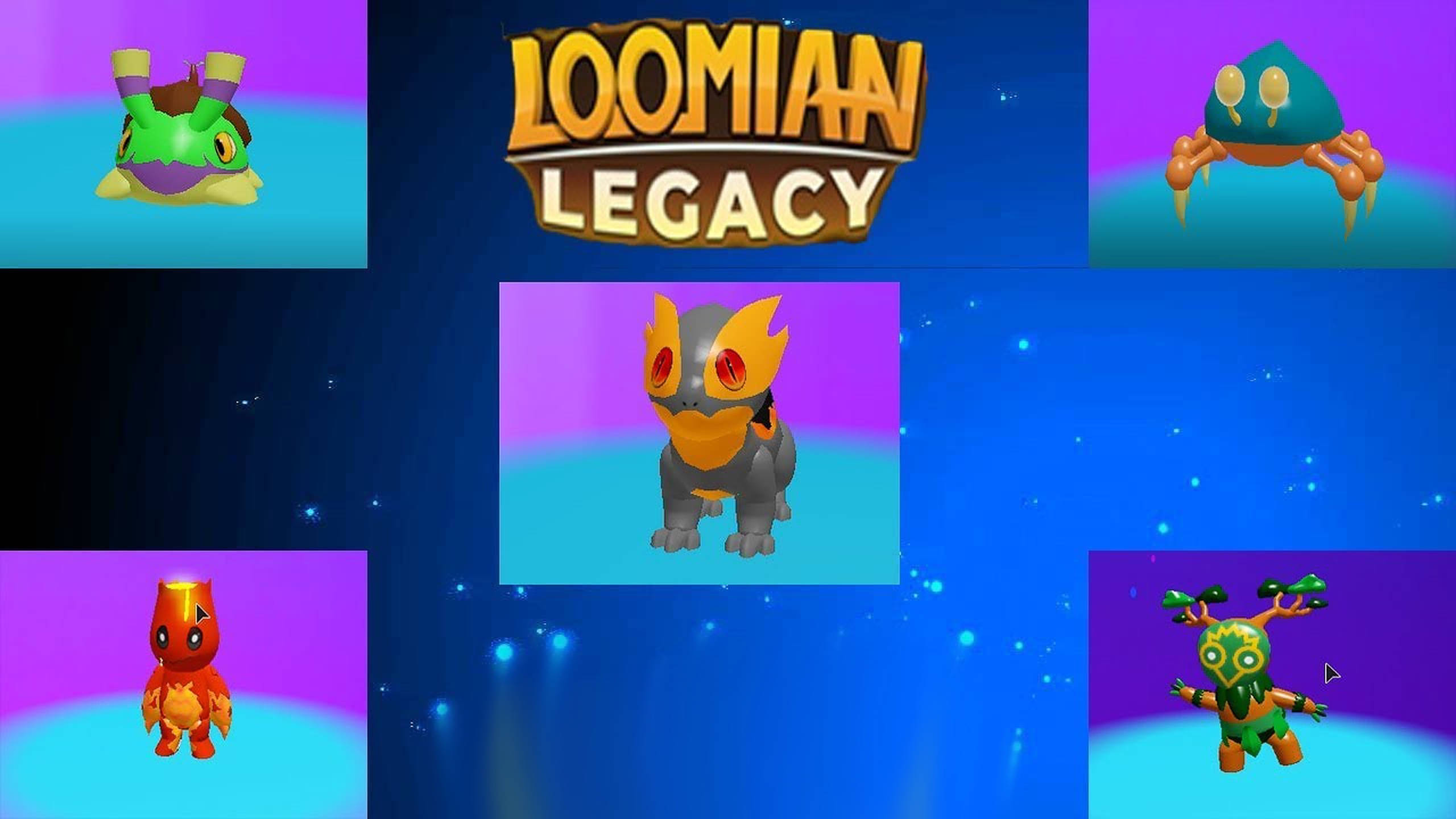 loomian legacy 桌布 壁紙 — 鮮豔的3D渲染Loomian生物在帶有發光粒子的宇宙藍色背景上漂浮。