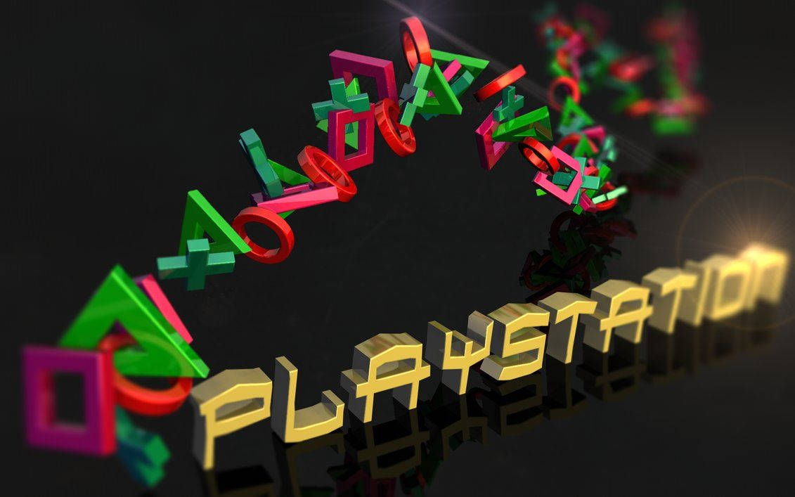 PlayStation 桌布 壁紙 — 鮮豔的3D渲染PlayStation標誌，彩色幾何符號拱形跨越金色文字，位於深色反光表面上。